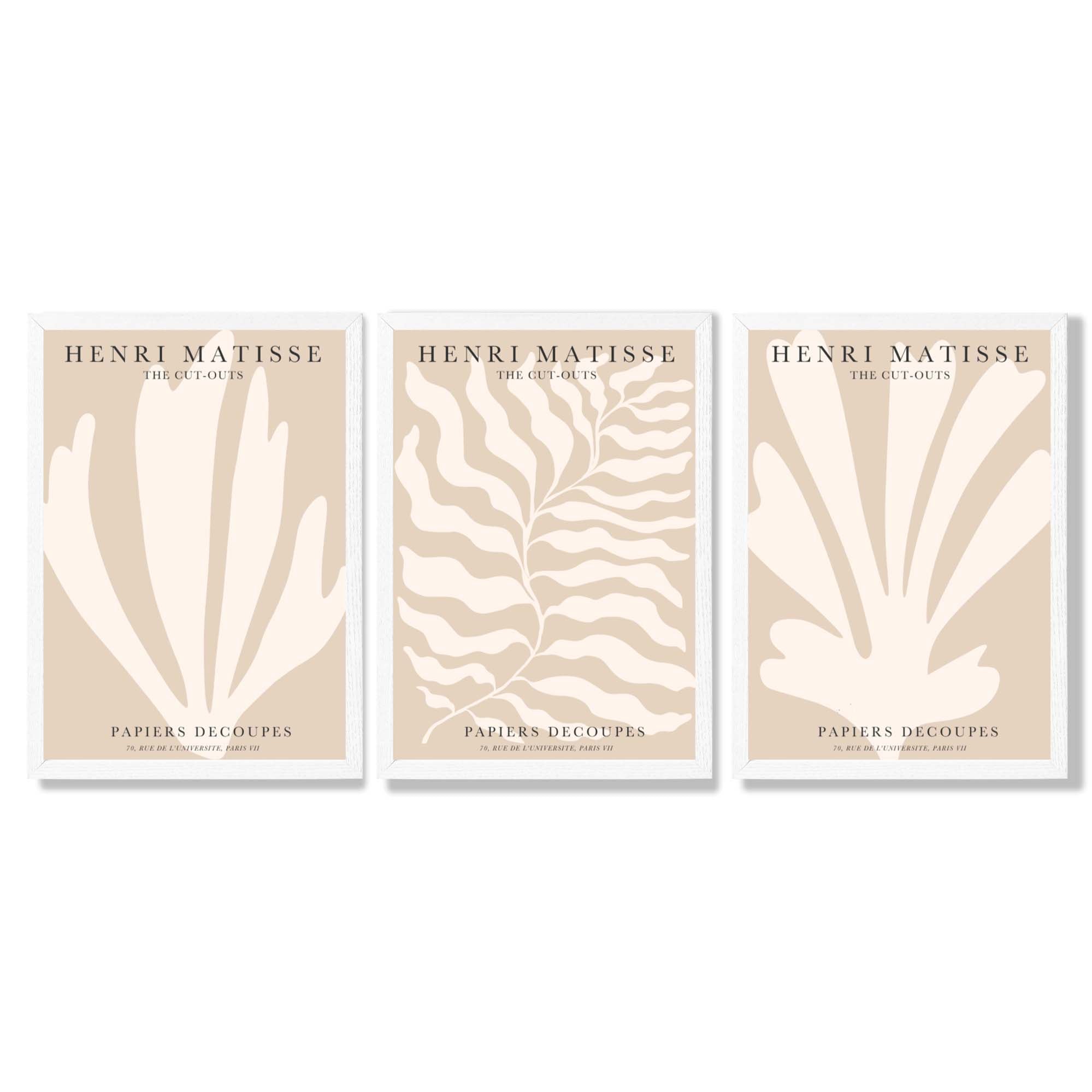 Set of 3 Matisse Botanical in Warm Beige Framed Wall Art with White Wooden Frames
