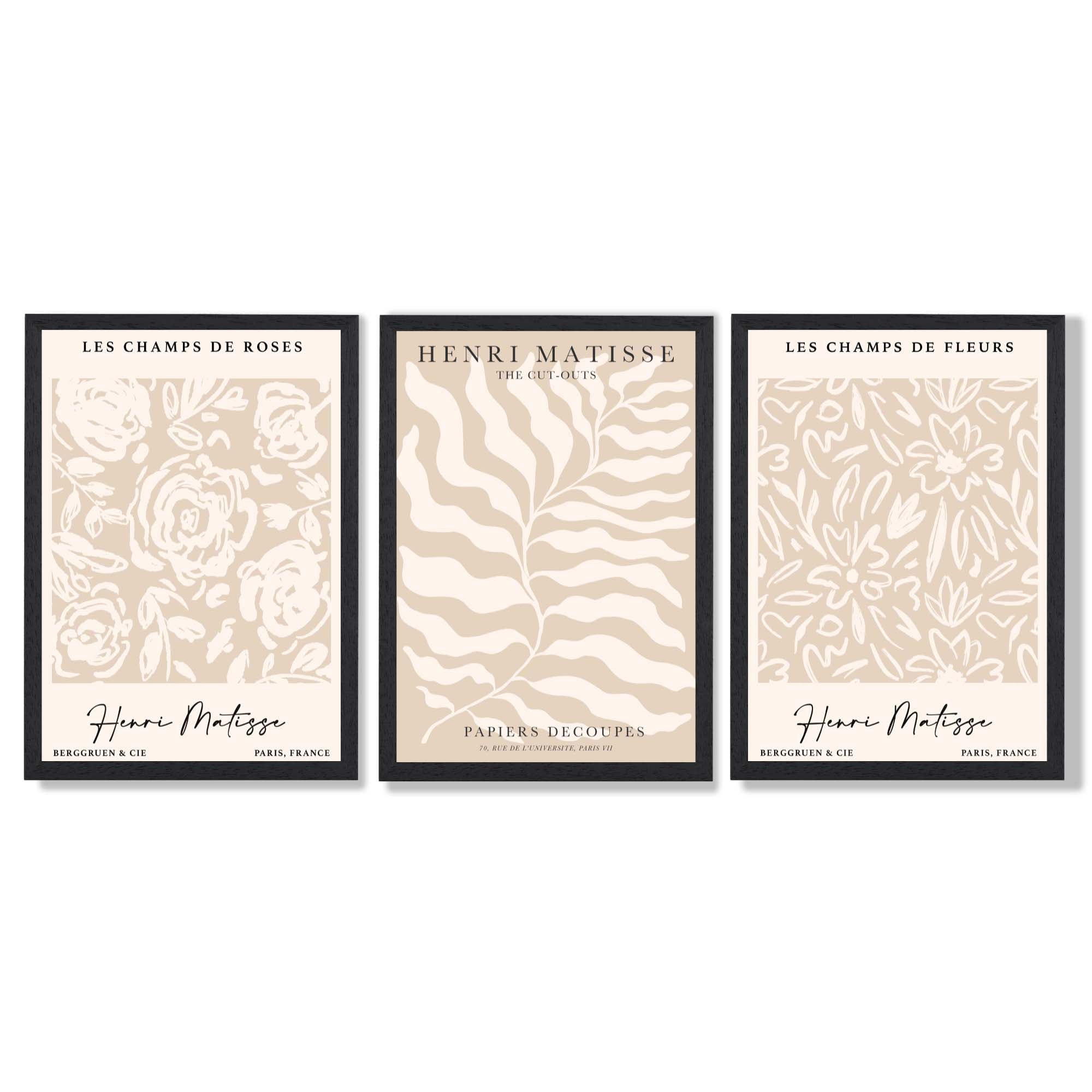 Matisse Warm Beige Set of 3 Floral Framed Wall Art with Black Wooden Frames