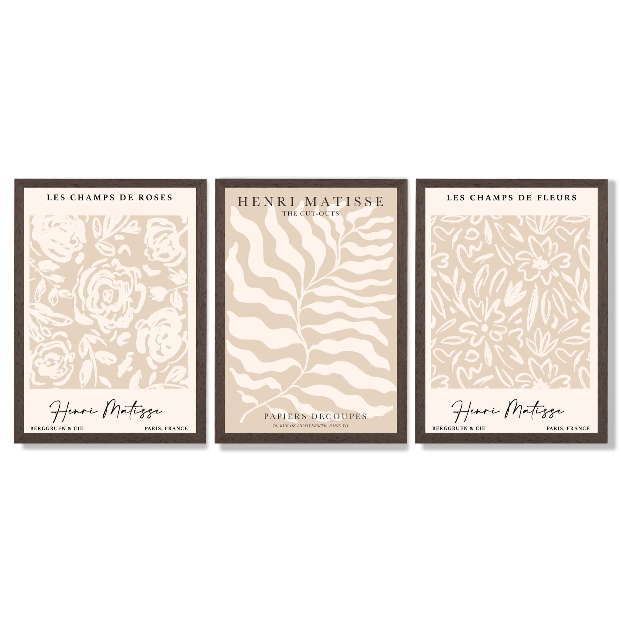 Matisse Warm Beige Set of 3 Floral Framed Wall Art with Dark Wood Frames