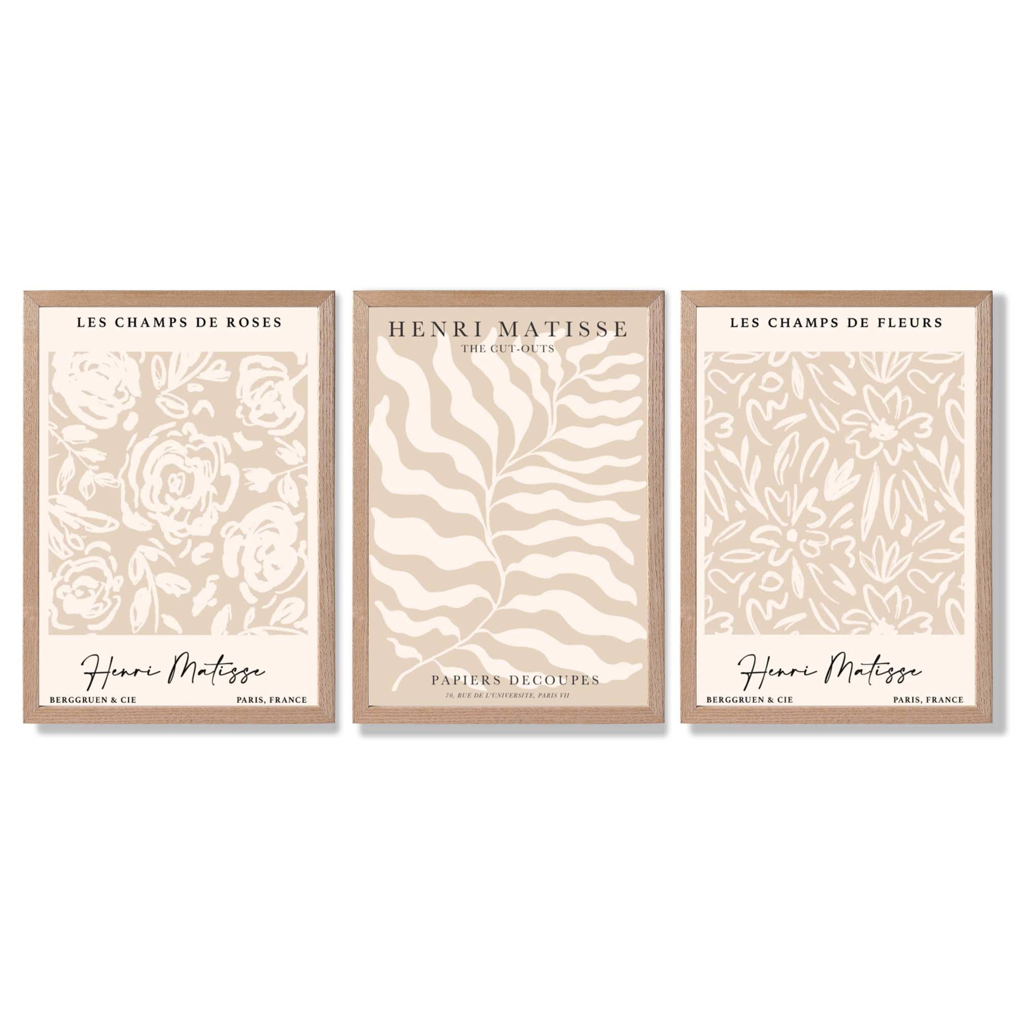 Matisse Warm Beige Set of 3 Floral Framed Wall Art with Light Oak Frames