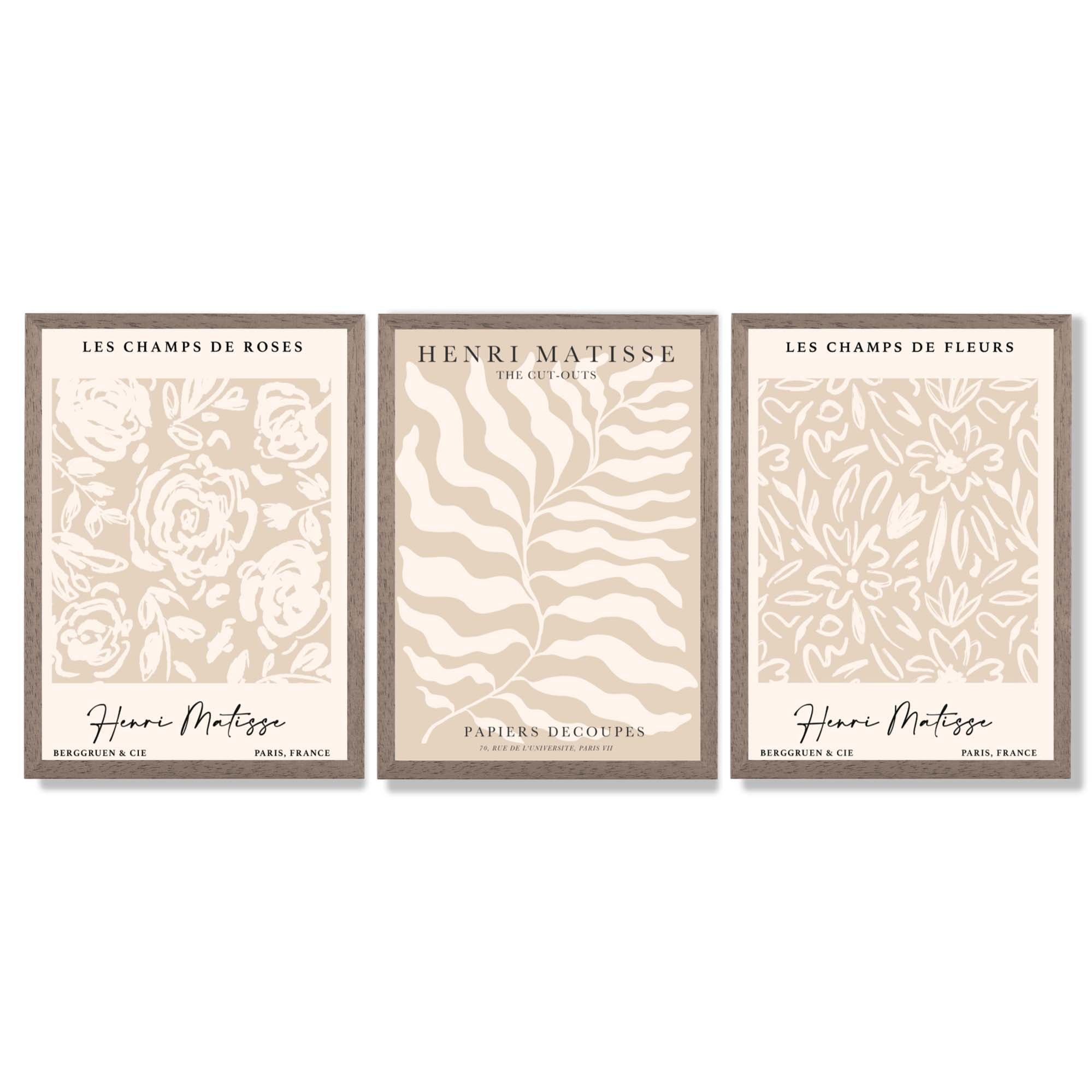 Matisse Warm Beige Set of 3 Floral Framed Wall Art with Light Walnut Frames
