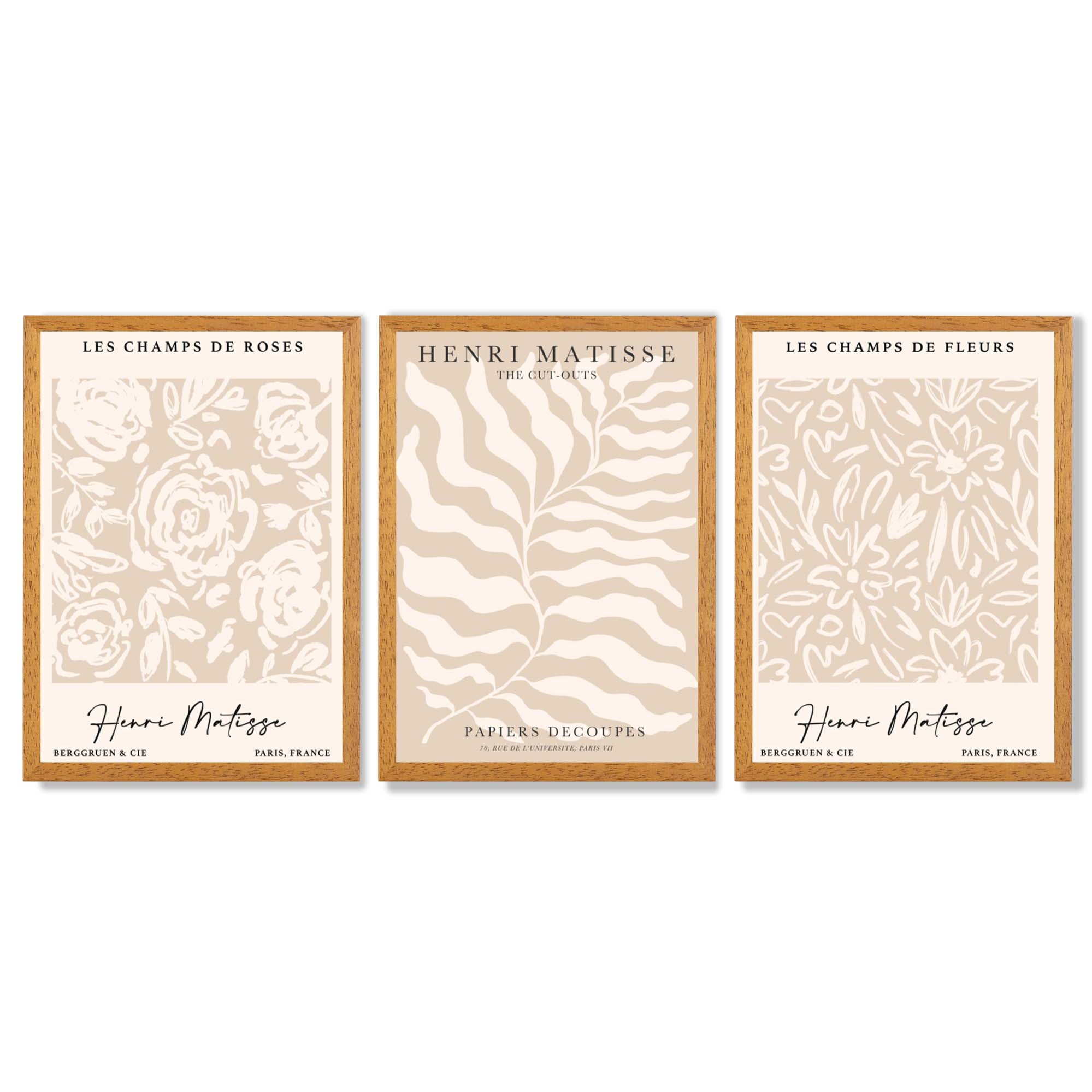 Matisse Warm Beige Set of 3 Floral Framed Wall Art with Oak Wooden Frames