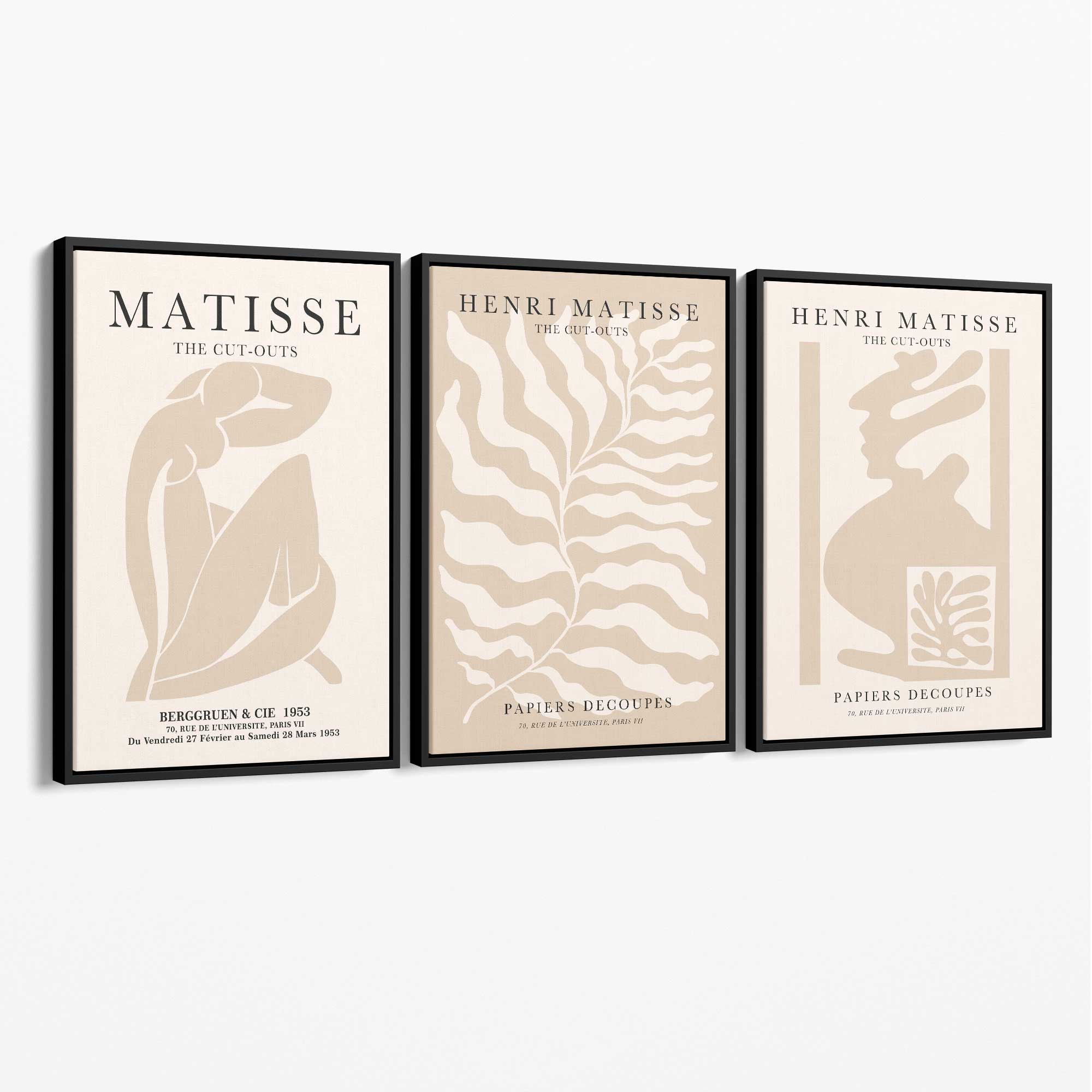 Matisse Warm Beige Set of 3 Lifestyle Canvas Prints with Black Float Frame