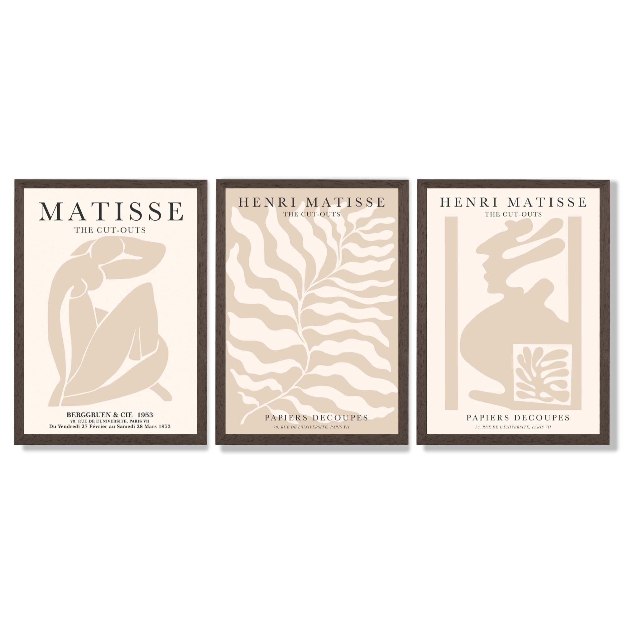 Matisse Warm Beige Set of 3 Lifestyle Framed Wall Art with Dark Wood Frames
