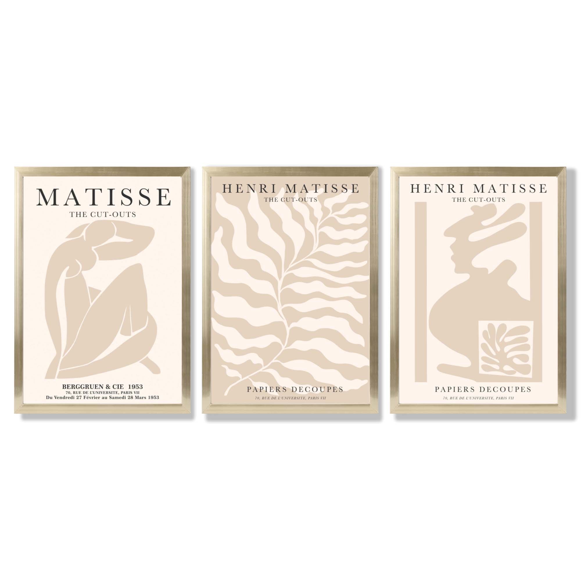 Matisse Warm Beige Set of 3 Lifestyle Framed Wall Art with Gold Wood Frames