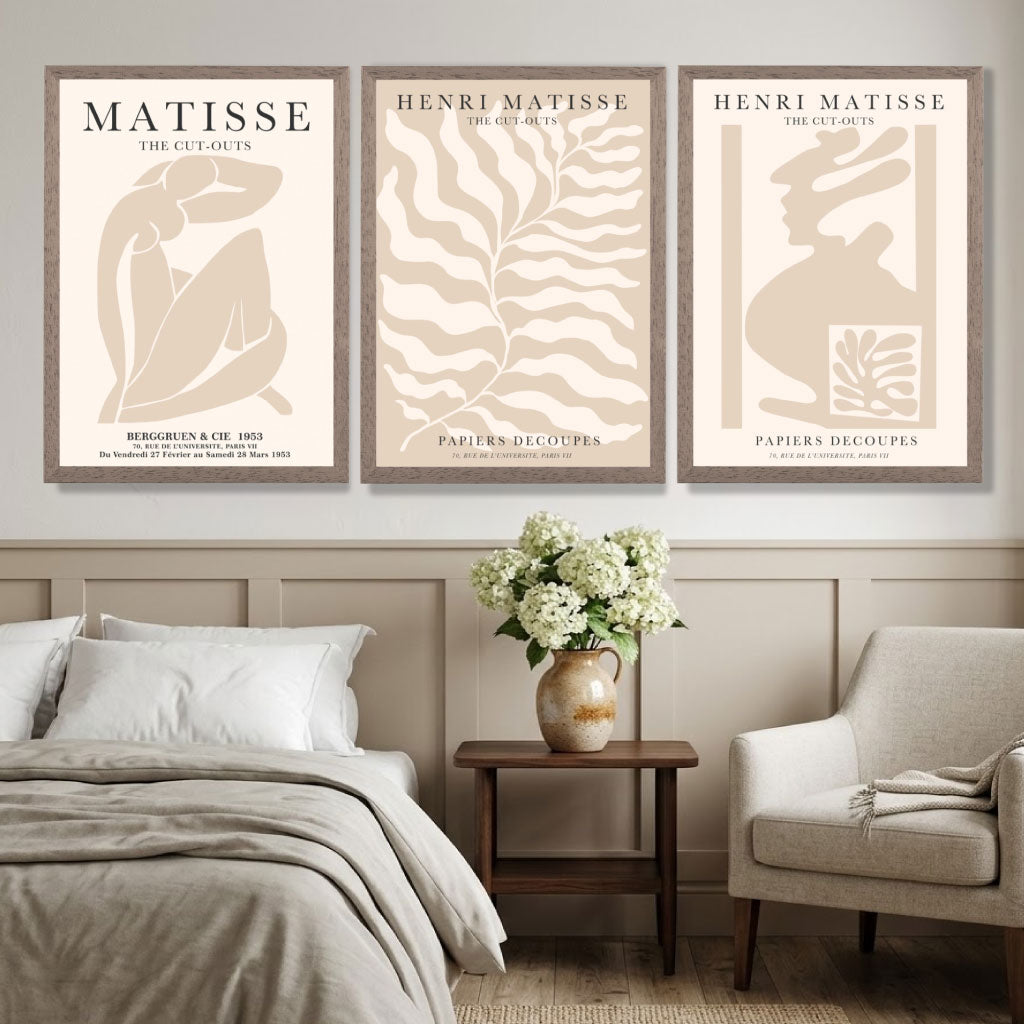 Matisse Warm Beige Set of 3 Lifestyle Art Prints in Black Frames | Artze UK