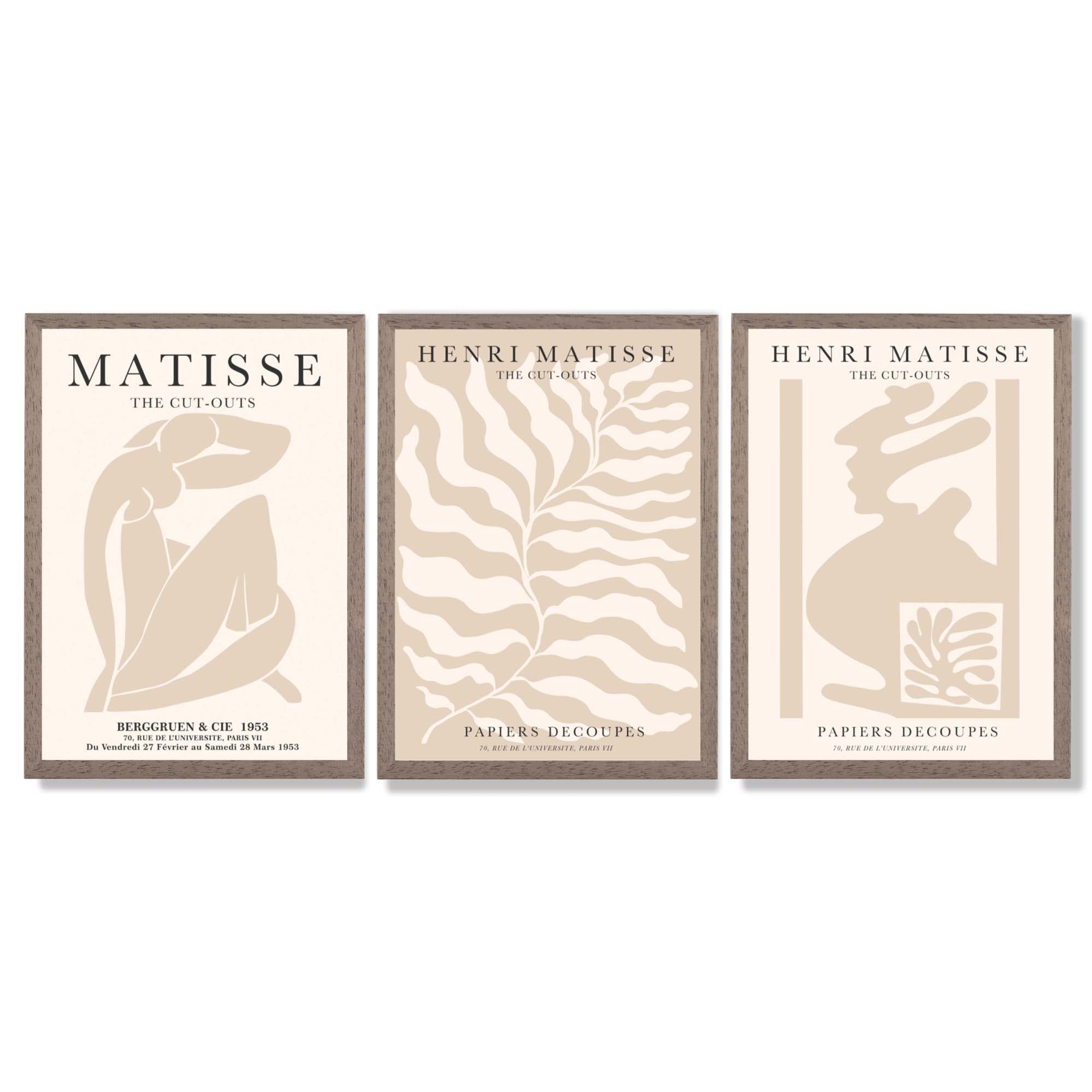 Matisse Warm Beige Set of 3 Lifestyle Framed Wall Art with Light Walnut Frames