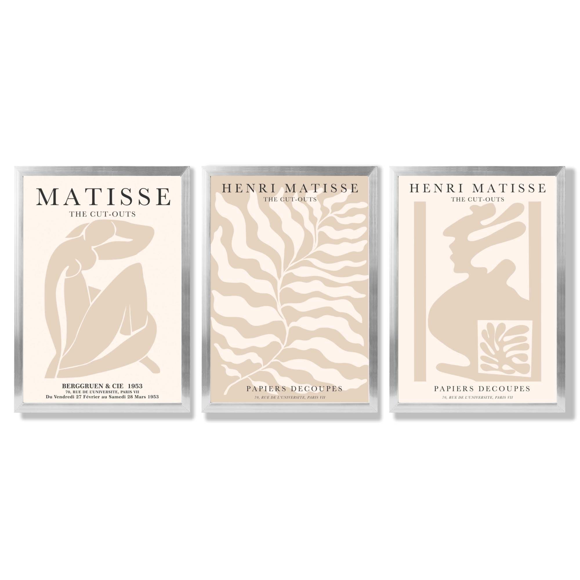 Matisse Warm Beige Set of 3 Lifestyle Framed Wall Art with Silver Wood Frames