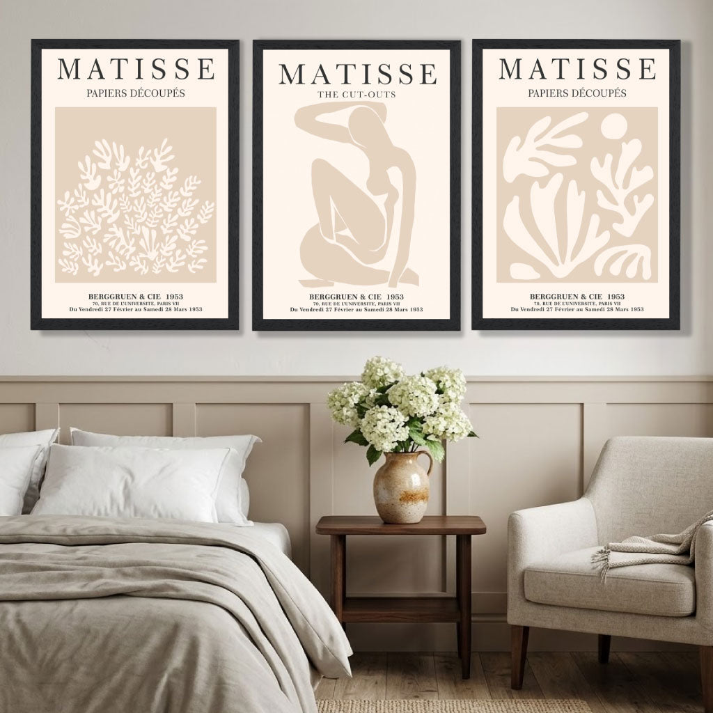 Matisse Set of 3 Beige Botanical Art Prints in Black Frames | Artze UK