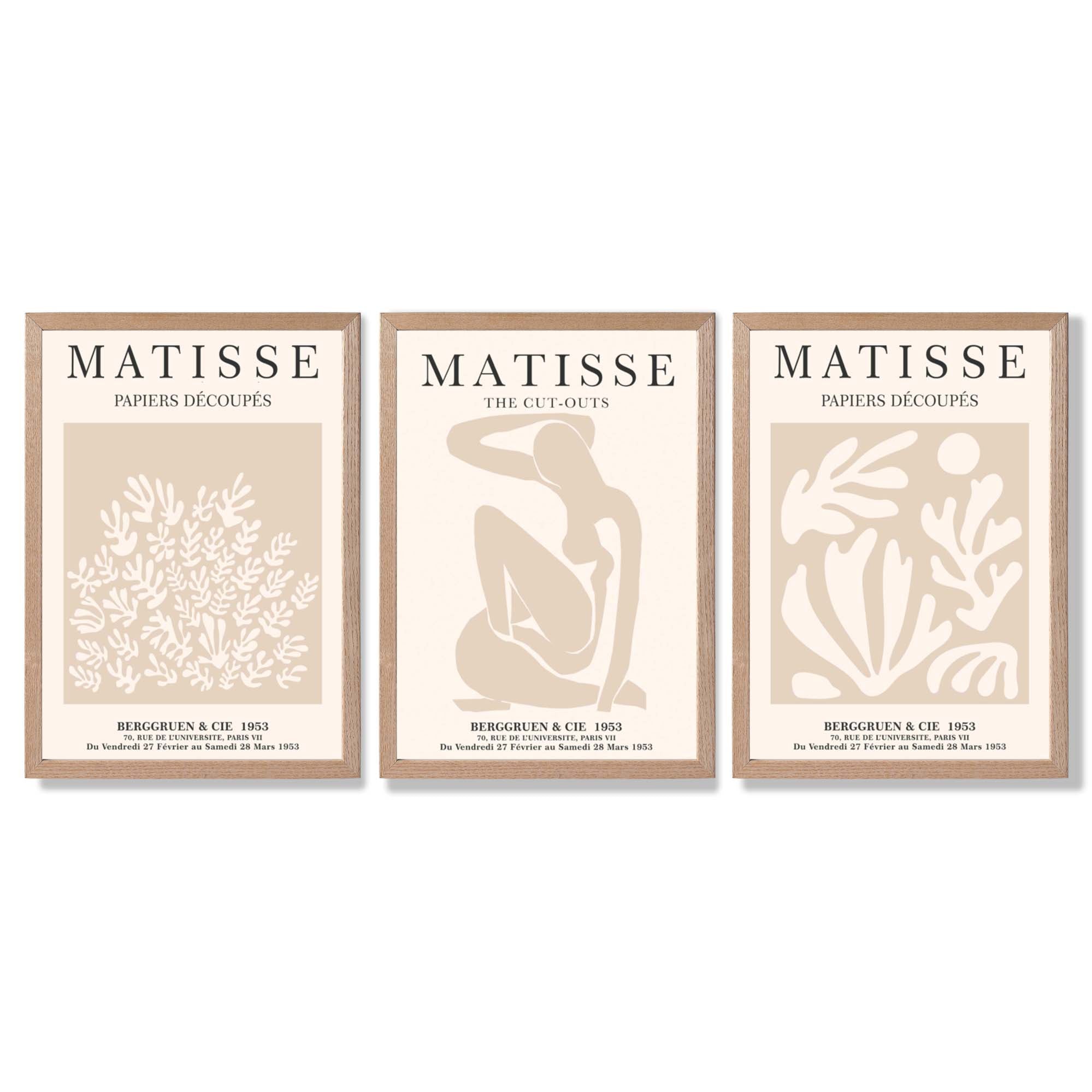 Matisse Set of 3 Beige Botanical Framed Wall Art with Light Oak Frames
