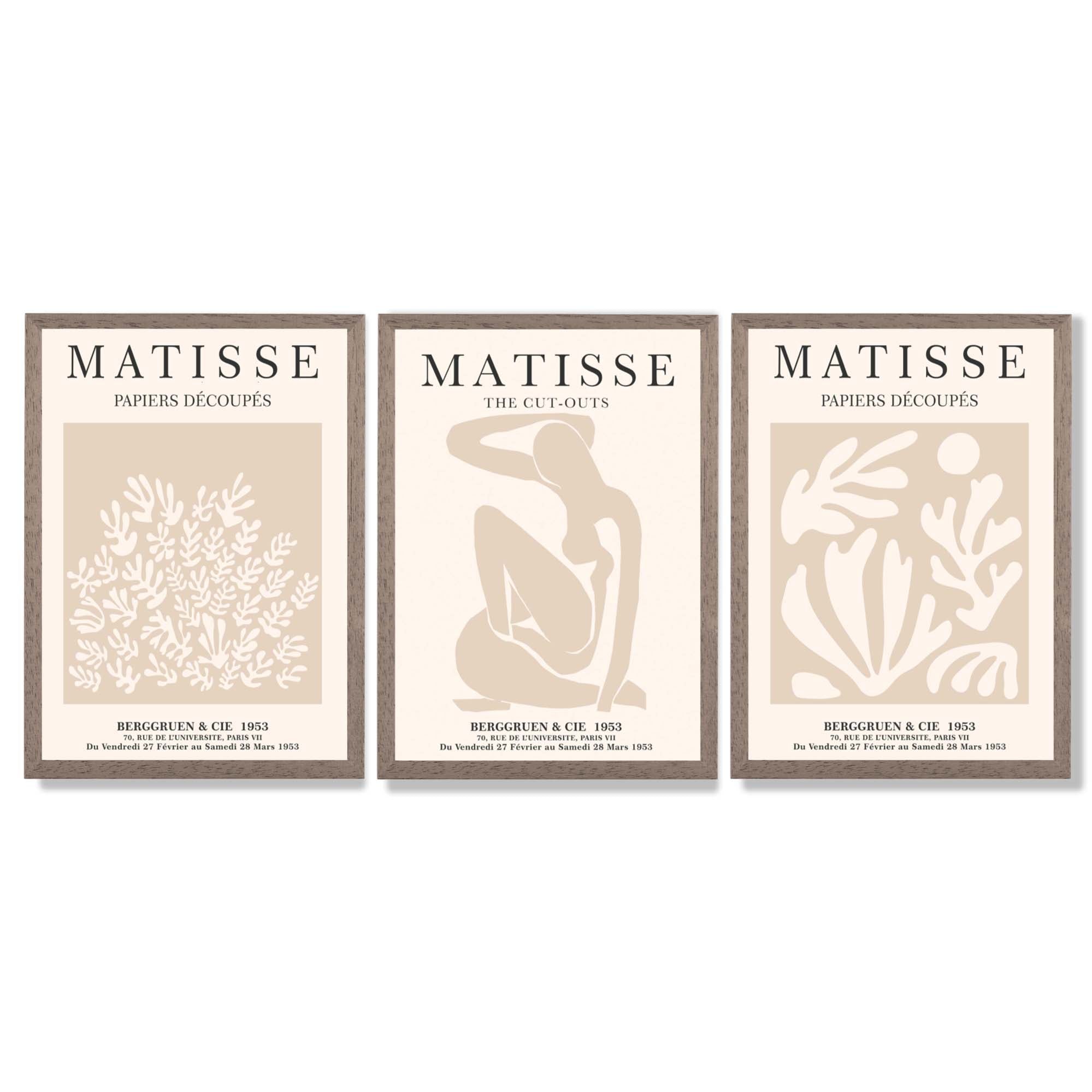 Matisse Set of 3 Beige Botanical Framed Wall Art with Light Walnut Frames