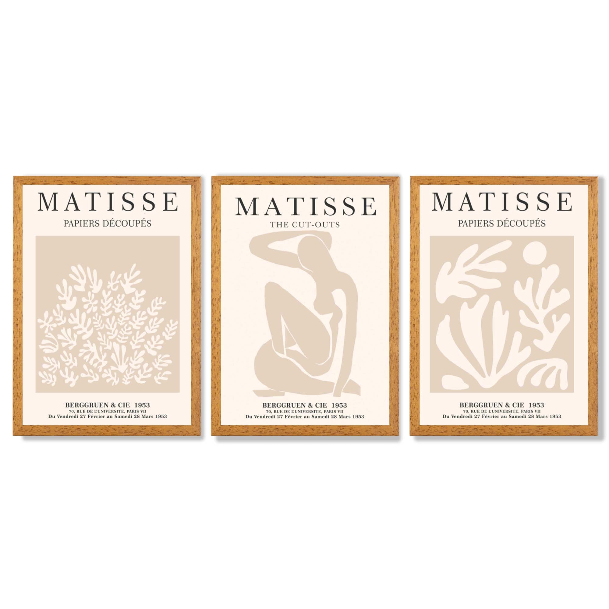 Matisse Set of 3 Beige Botanical Framed Wall Art with Oak Wooden Frames