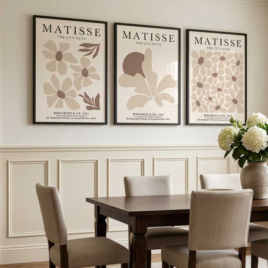 Matisse Florals Set of 3 Beige Framed Wall Art with Black Wooden Frames