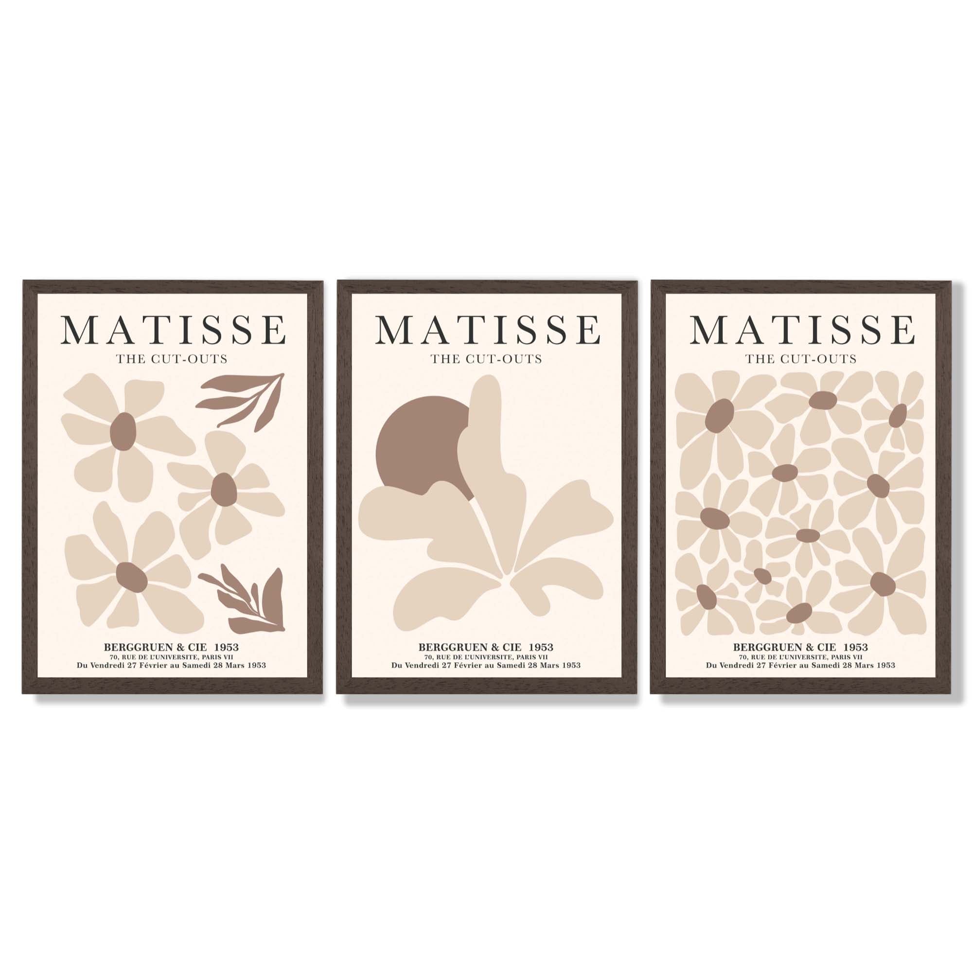 Matisse Florals Set of 3 Beige Framed Wall Art with Dark Wood Frames