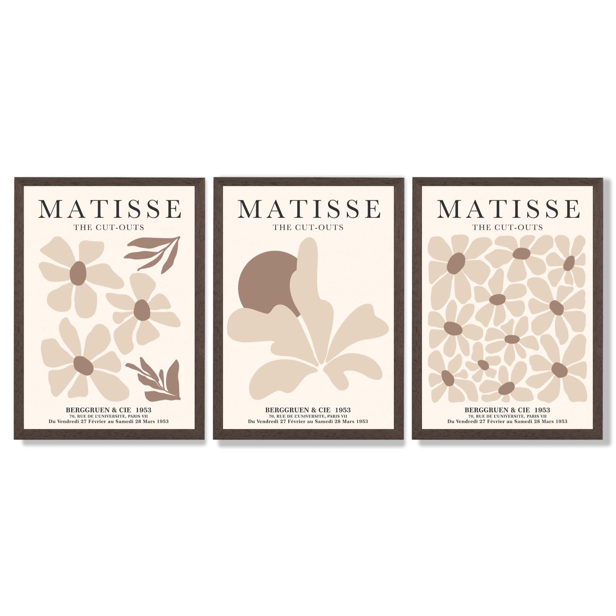 Matisse Florals Set of 3 Beige Framed Wall Art with Dark Wood Frames