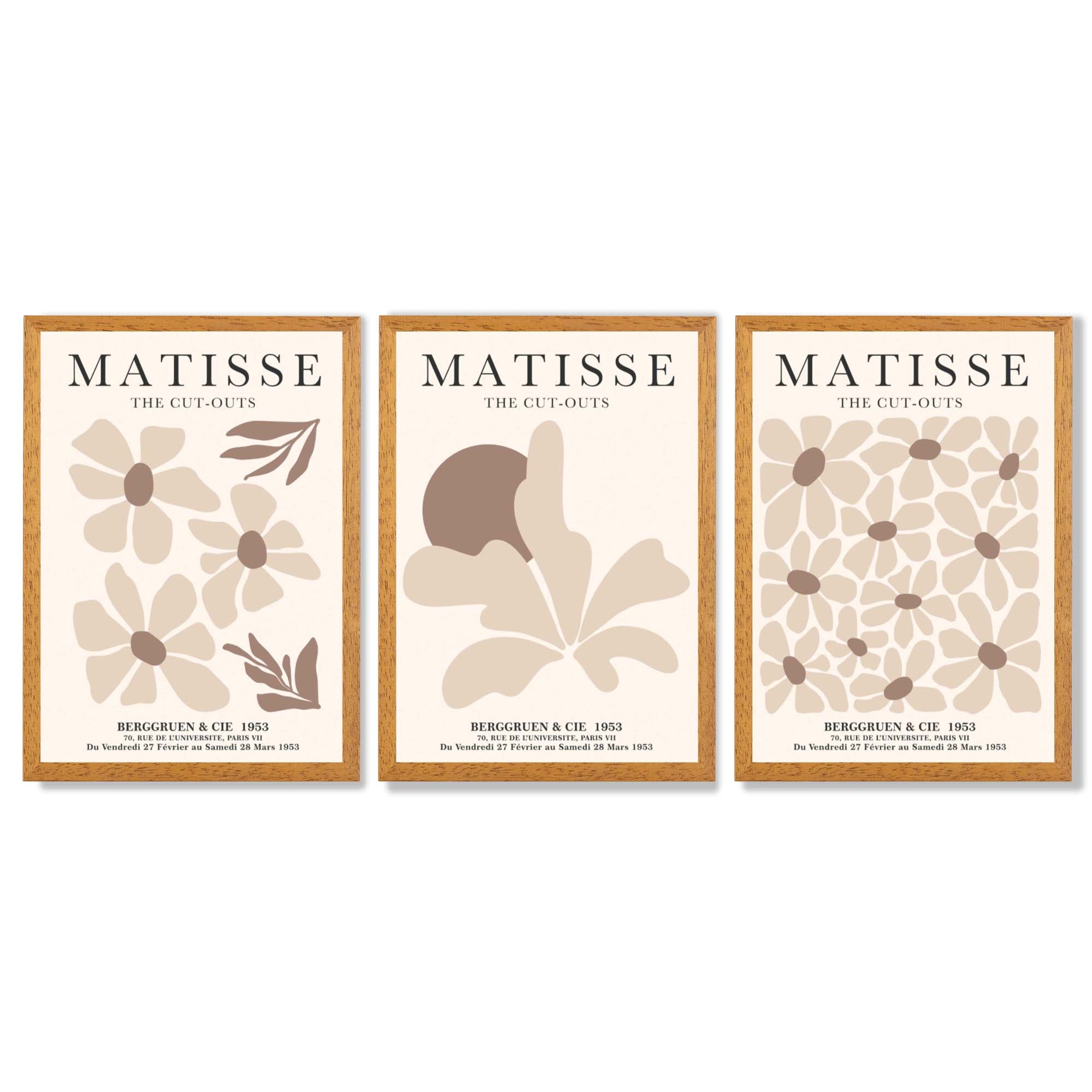 Matisse Florals Set of 3 Beige Framed Wall Art with Oak Wooden Frames