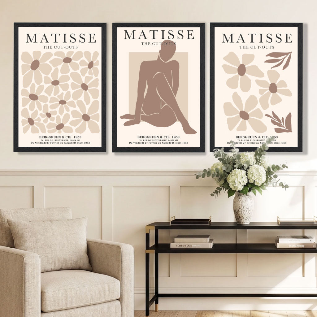 Matisse Florals Fashion Set of 3 Beige Framed Wall Art with Black Wooden Frames