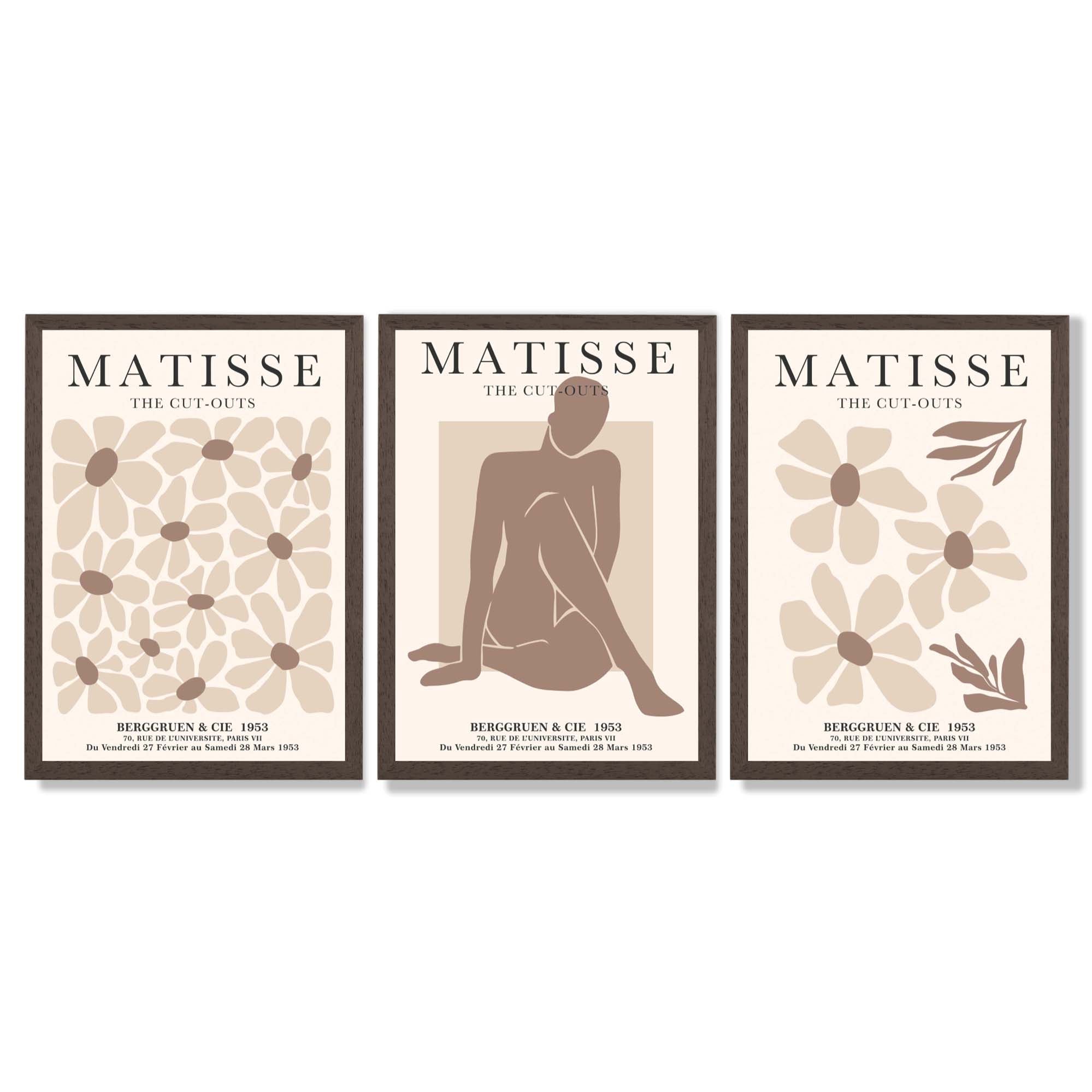 Matisse Florals Fashion Set of 3 Beige Framed Wall Art with Dark Wood Frames