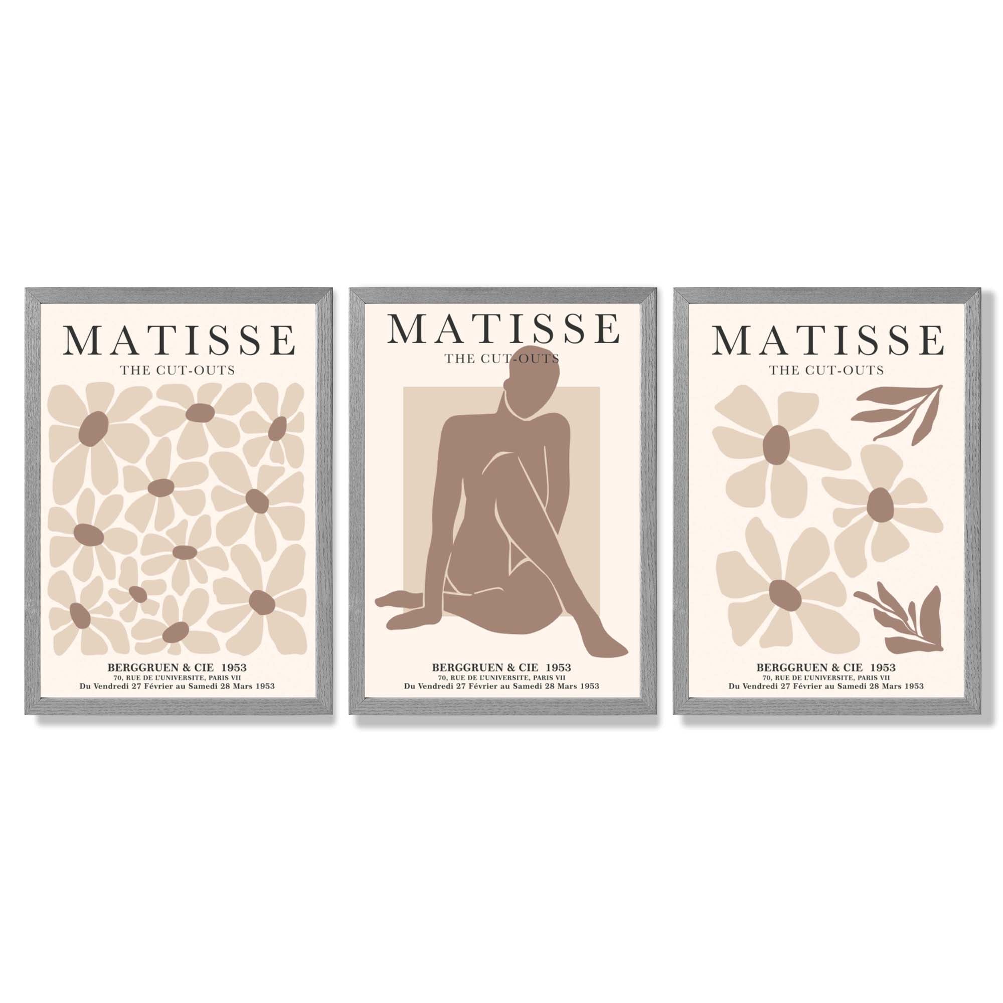 Matisse Florals Fashion Set of 3 Beige Framed Wall Art with Light Grey Wooden Frames