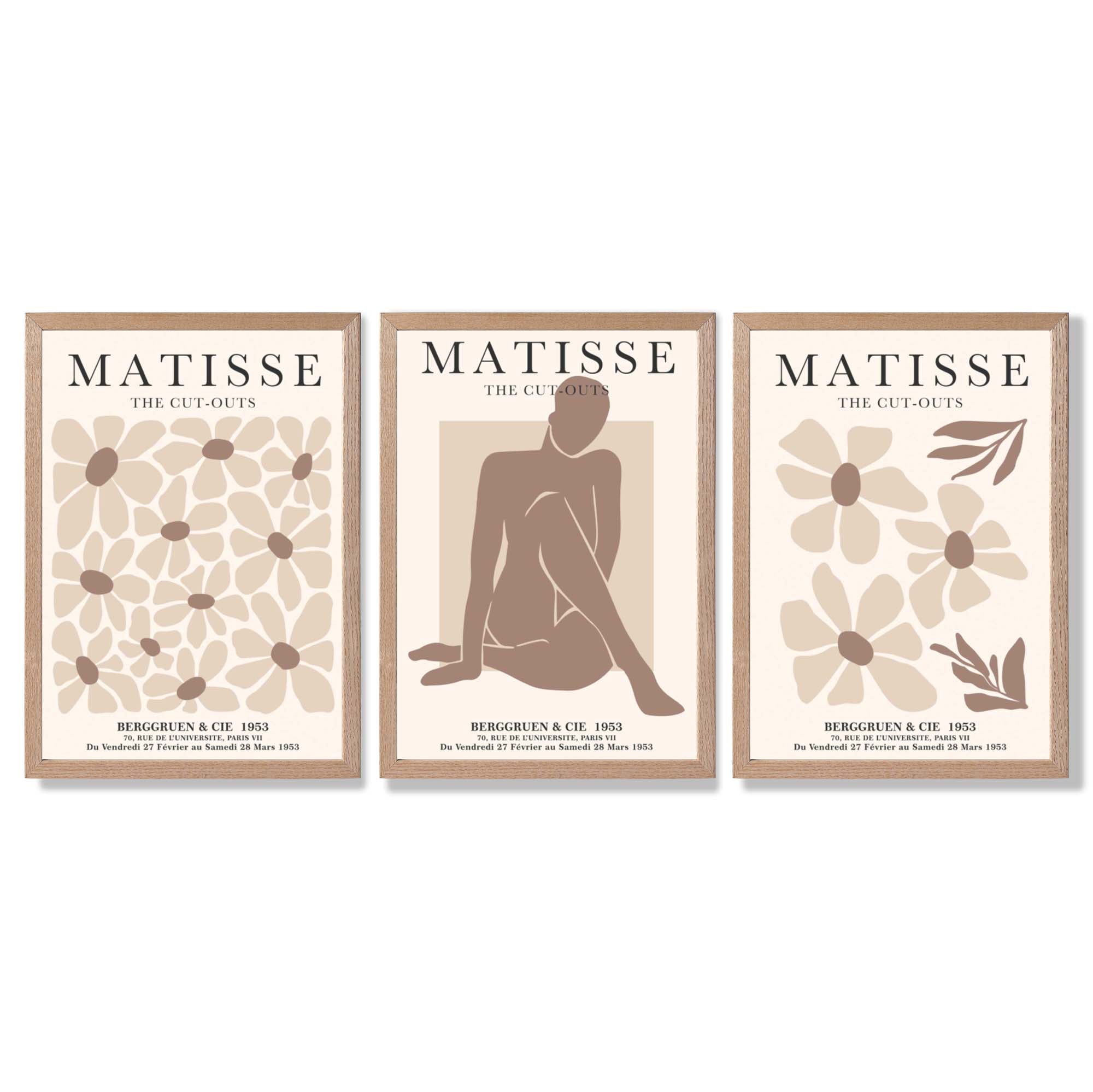 Matisse Florals Fashion Set of 3 Beige Framed Wall Art with Light Oak Frames