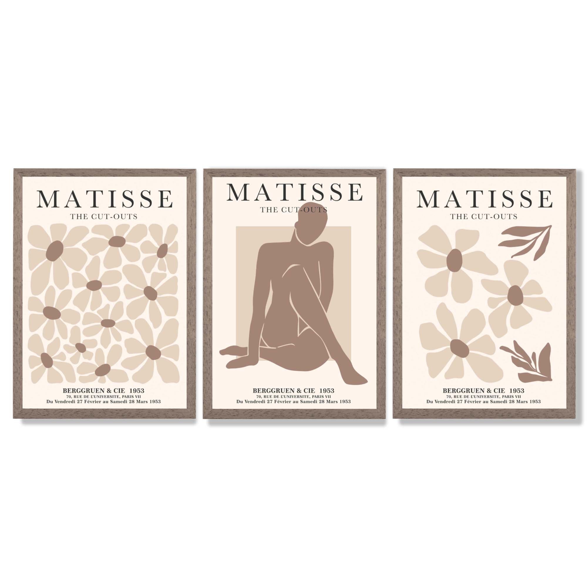 Matisse Florals Fashion Set of 3 Beige Framed Wall Art with Light Walnut Frames