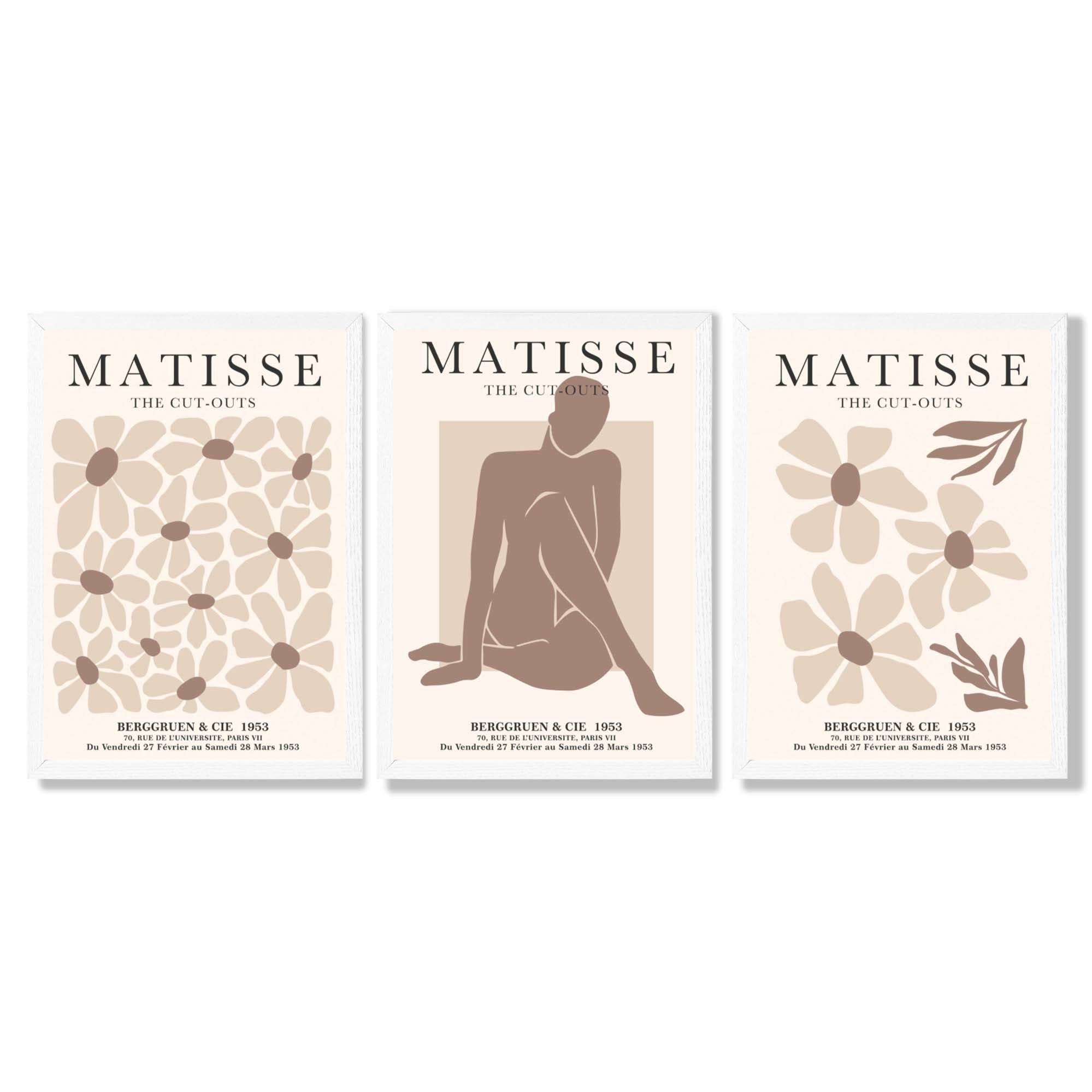 Matisse Florals Fashion Set of 3 Beige Framed Wall Art with White Wooden Frames