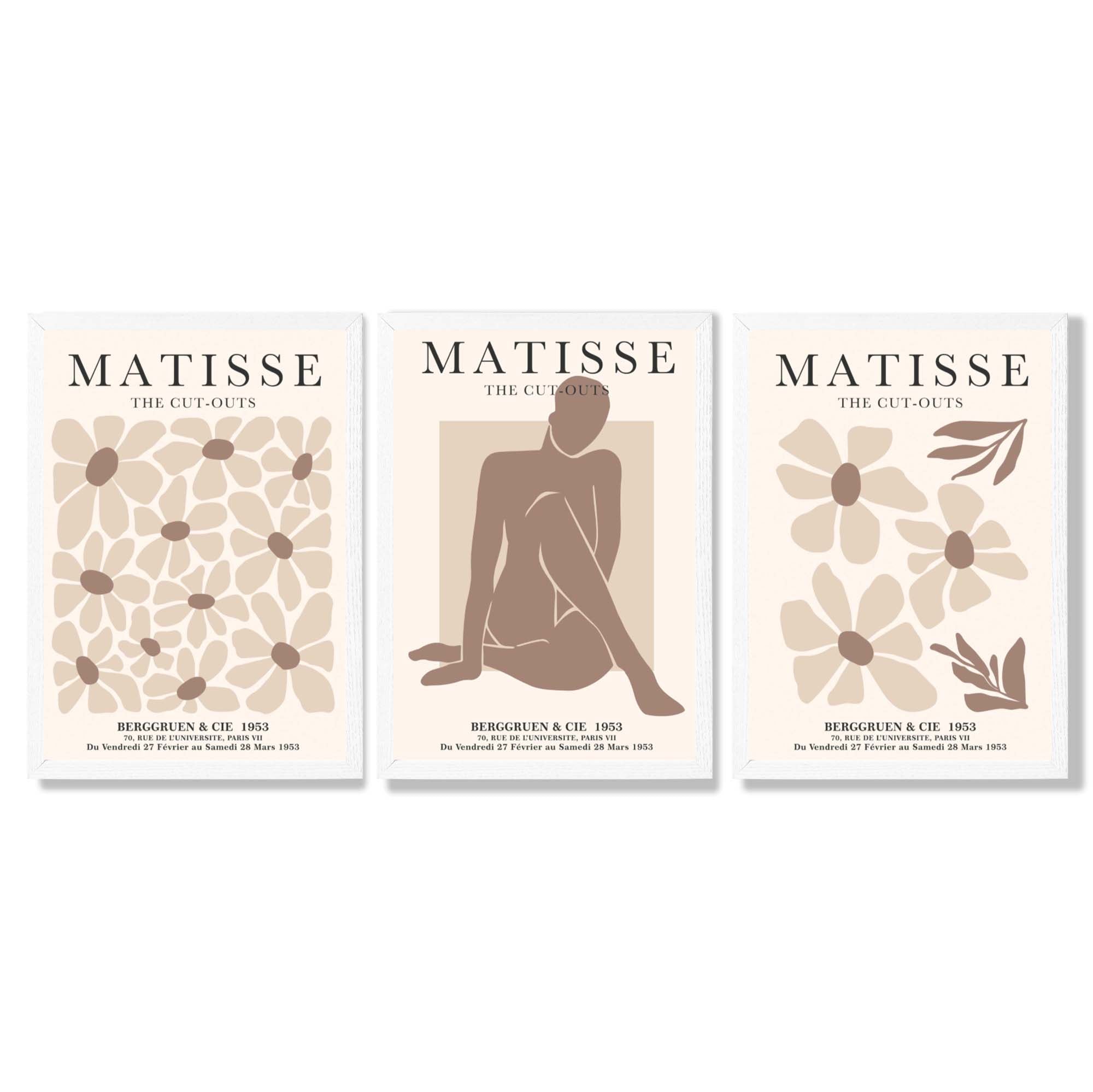 Matisse Florals Fashion Set of 3 Beige Framed Wall Art with White Wooden Frames