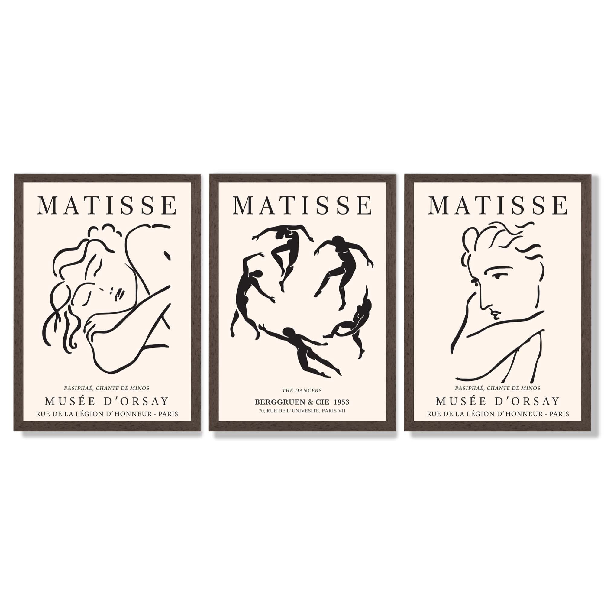 Matisse Minimal Line Art Fashion Set of 3 Black and Cream Framed Wall Art with Dark Wood Frames