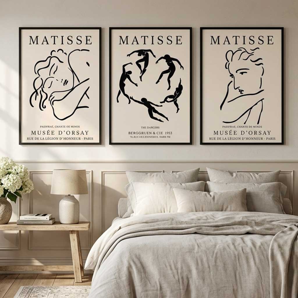 Matisse Minimal Line Art Fashion Set of 3 Black and Cream Art Prints in Black Frames | Artze UK