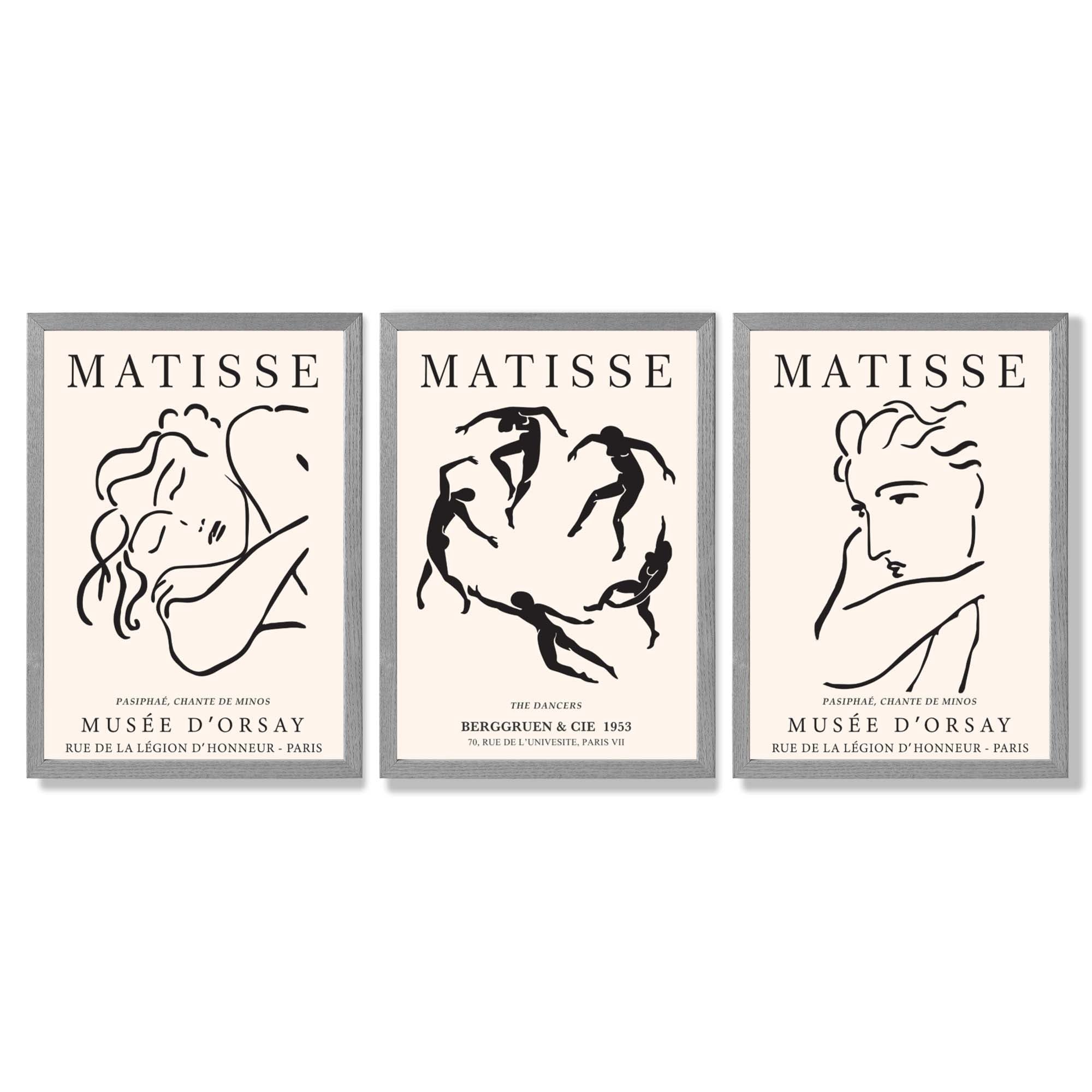 Matisse Minimal Line Art Fashion Set of 3 Black and Cream Framed Wall Art with Light Grey Wooden Frames