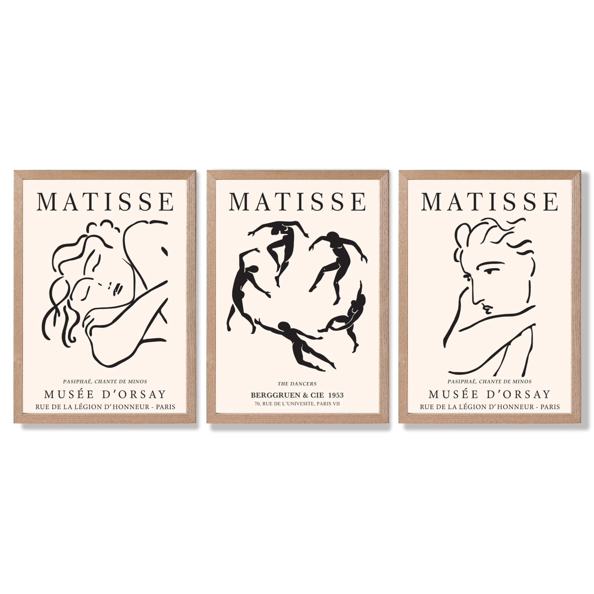 Matisse Minimal Line Art Fashion Set of 3 Black and Cream Framed Wall Art with Light Oak Frames