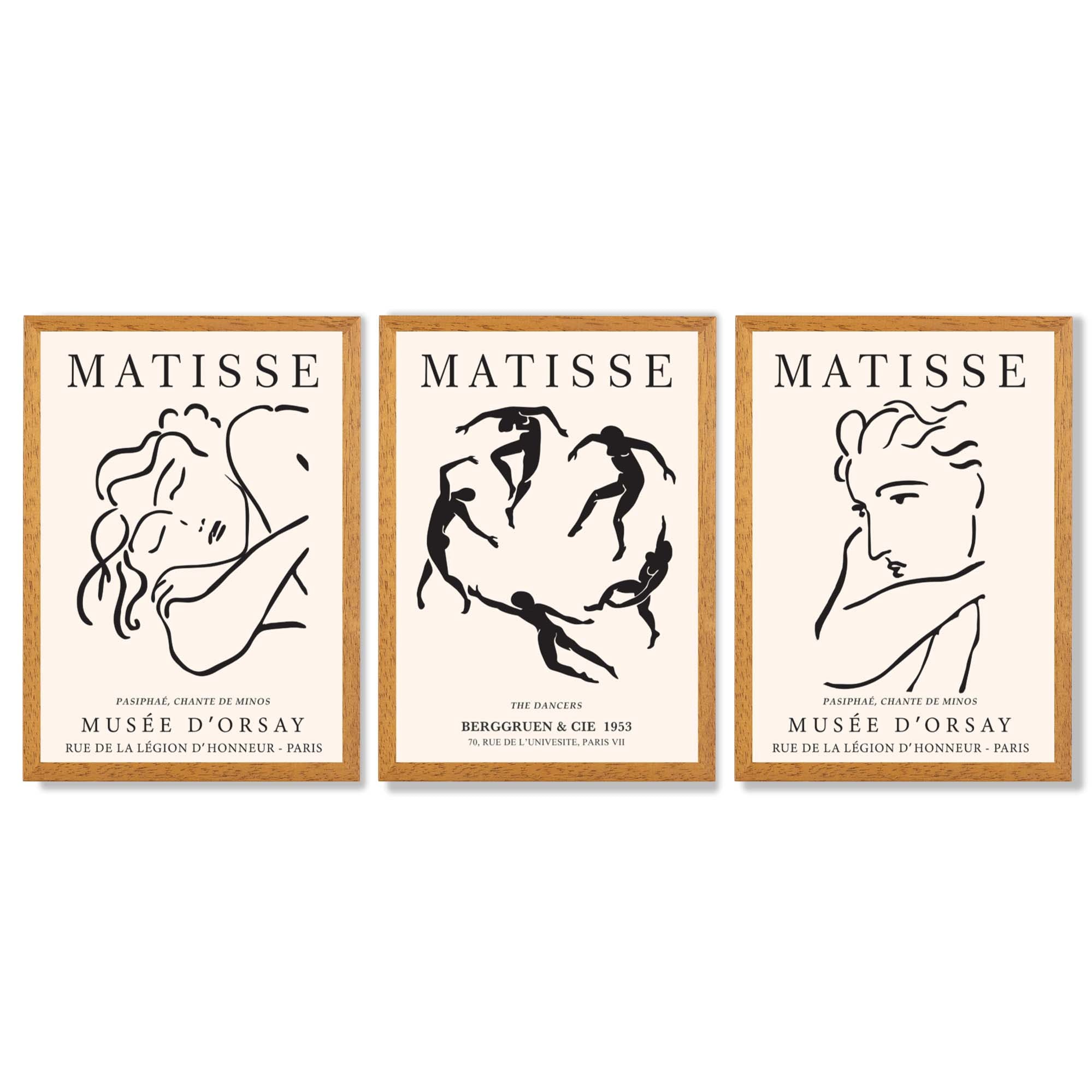 Matisse Minimal Line Art Fashion Set of 3 Black and Cream Framed Wall Art with Oak Wooden Frames