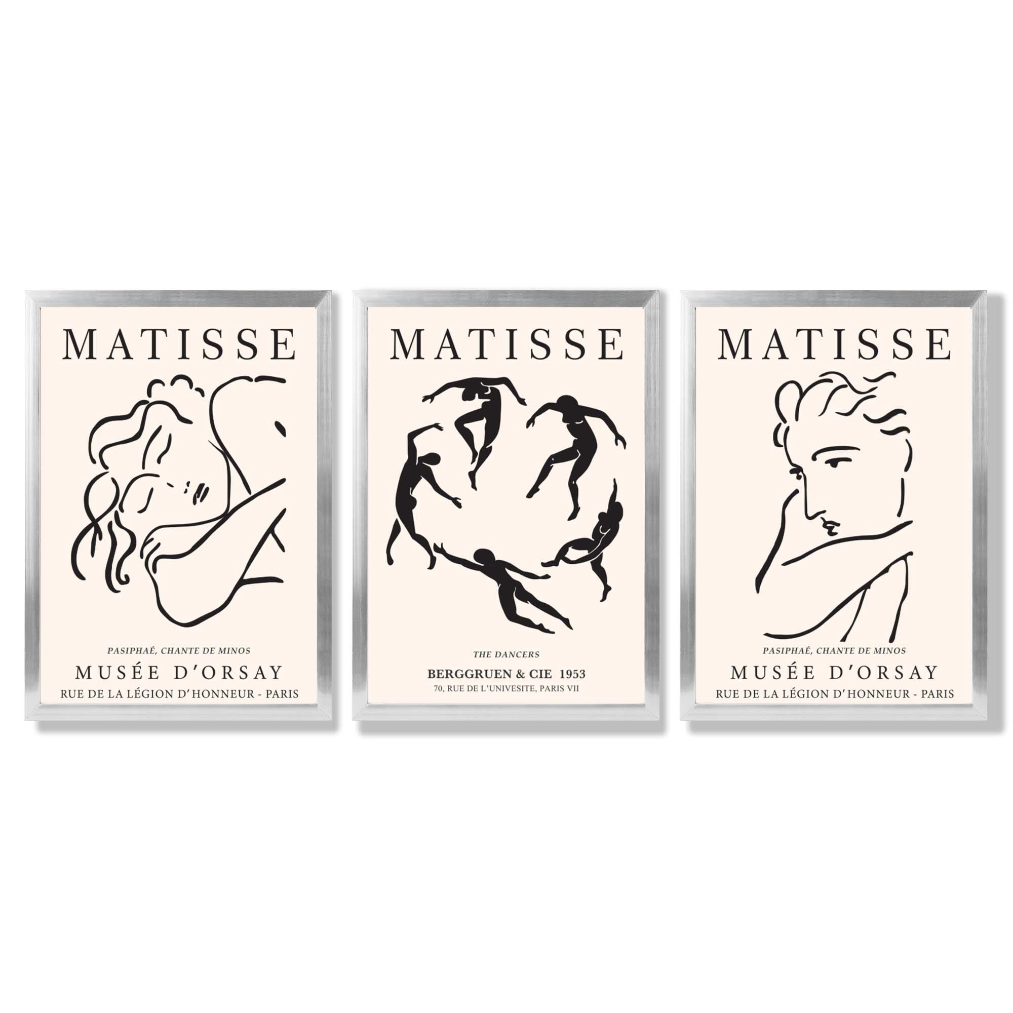 Matisse Minimal Line Art Fashion Set of 3 Black and Cream Framed Wall Art with Silver Wood Frames