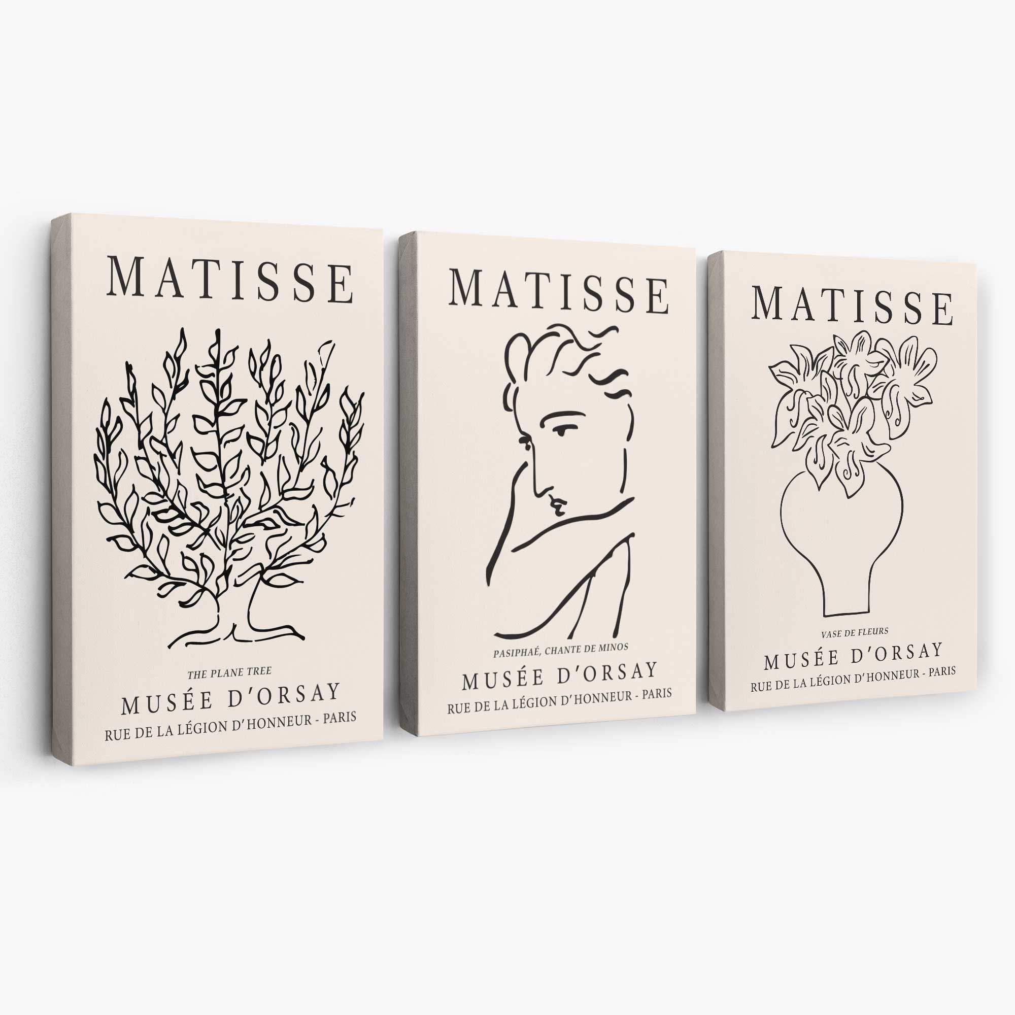Matisse Minimal Line Art Lifestyle Set of 3 Black and Cream Canvas Prints | Artze Wall Art