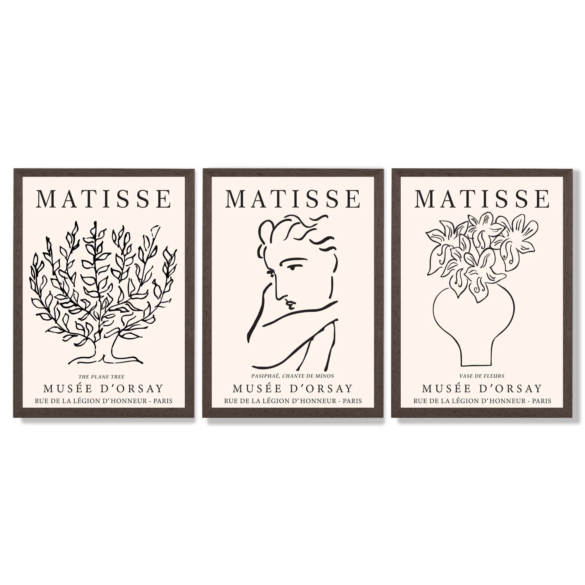 Matisse Minimal Line Art Lifestyle Set of 3 Black and Cream Framed Wall Art with Dark Wood Frames
