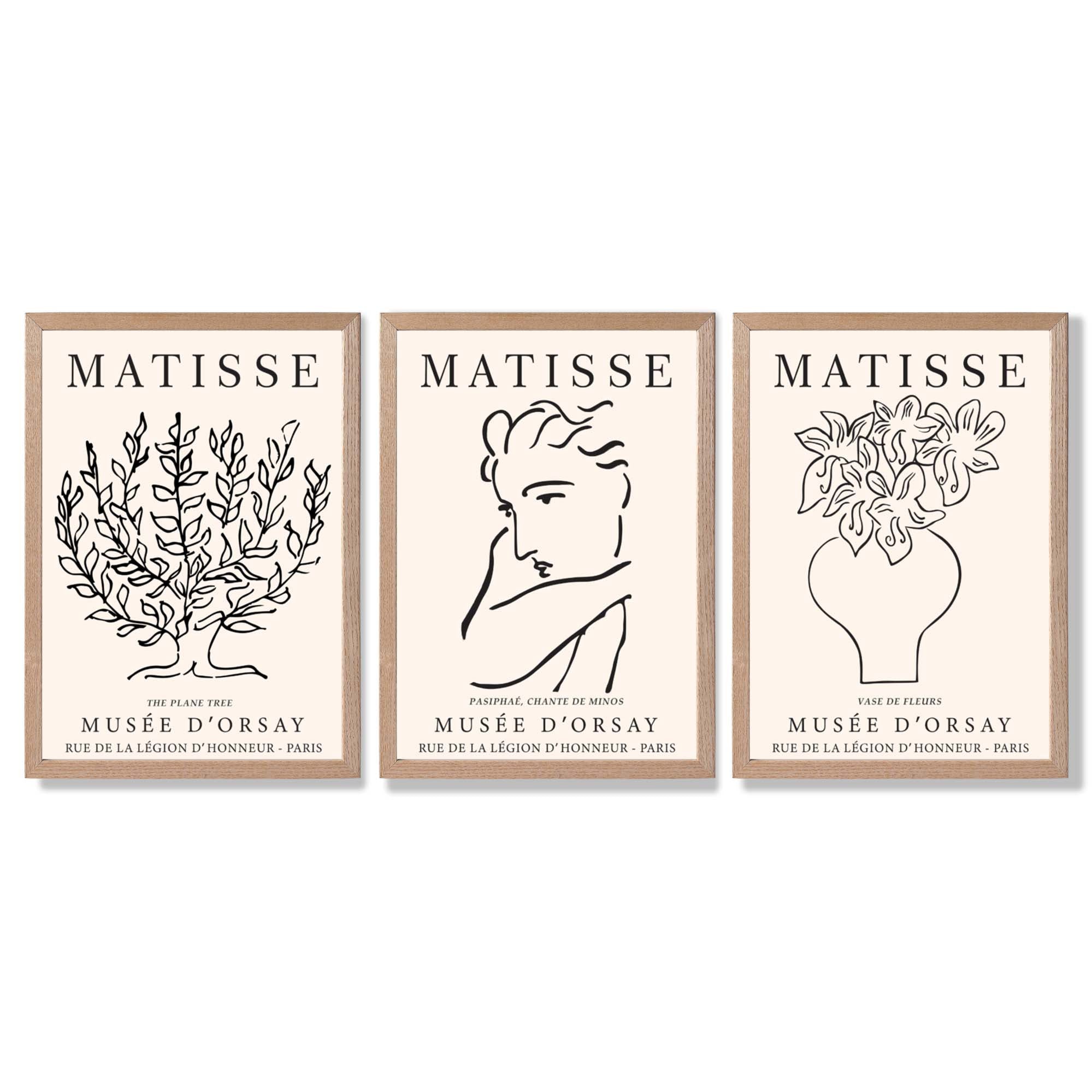Matisse Minimal Line Art Lifestyle Set of 3 Black and Cream Framed Wall Art with Light Oak Frames