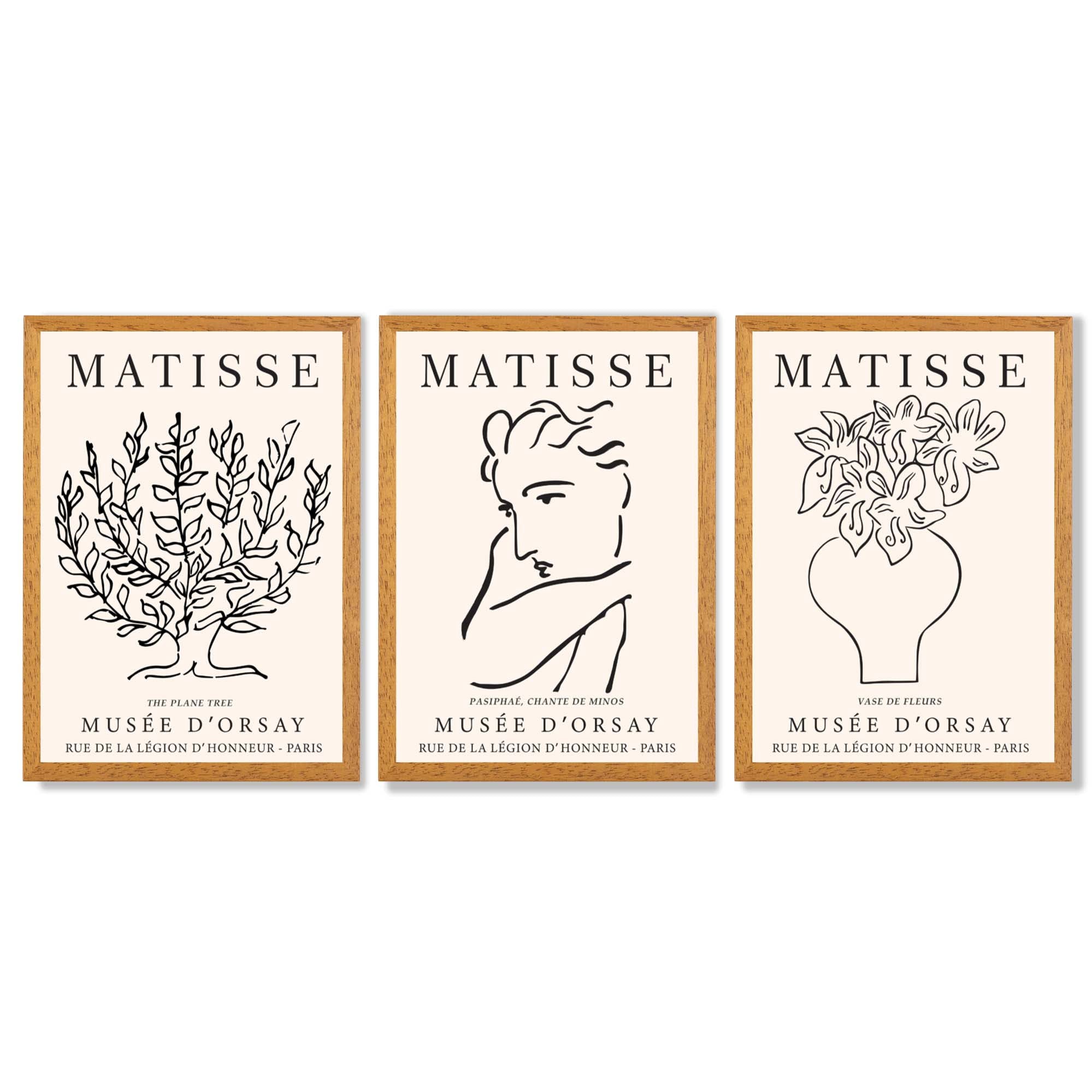 Matisse Minimal Line Art Lifestyle Set of 3 Black and Cream Framed Wall Art with Oak Wooden Frames