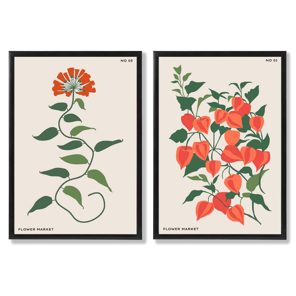 Orange Green Wild Flowers Set of 2 Art Prints with Black Frame