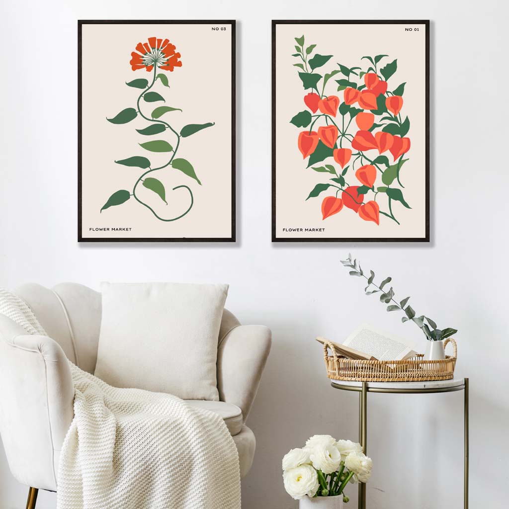 Set of 2 Orange Green Wild Flowers Wall Art Prints | Artze Wall Art UK
