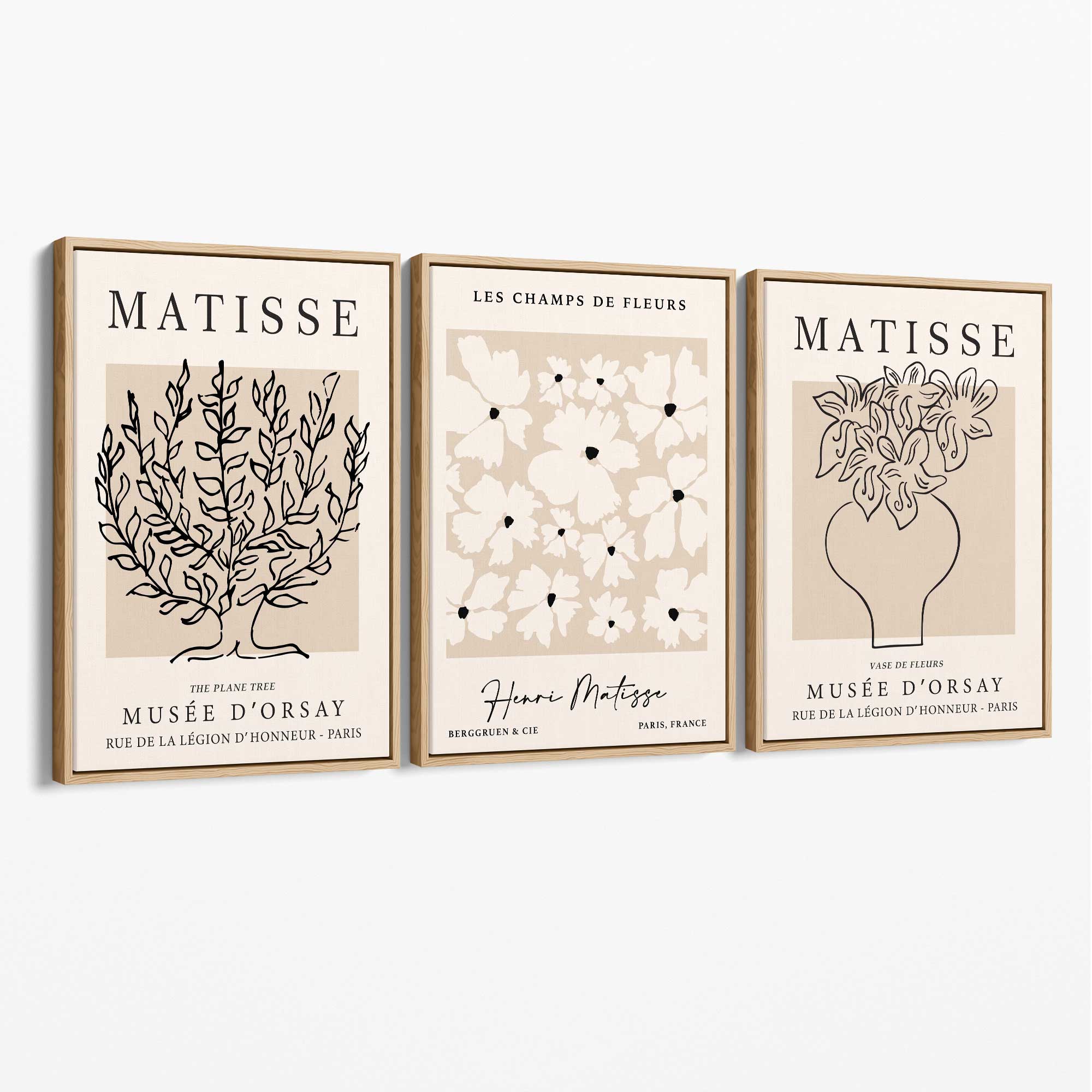 Matisse Floral Line Art Set of 3 Black and Cream Canvas Prints with Oak Float Frame