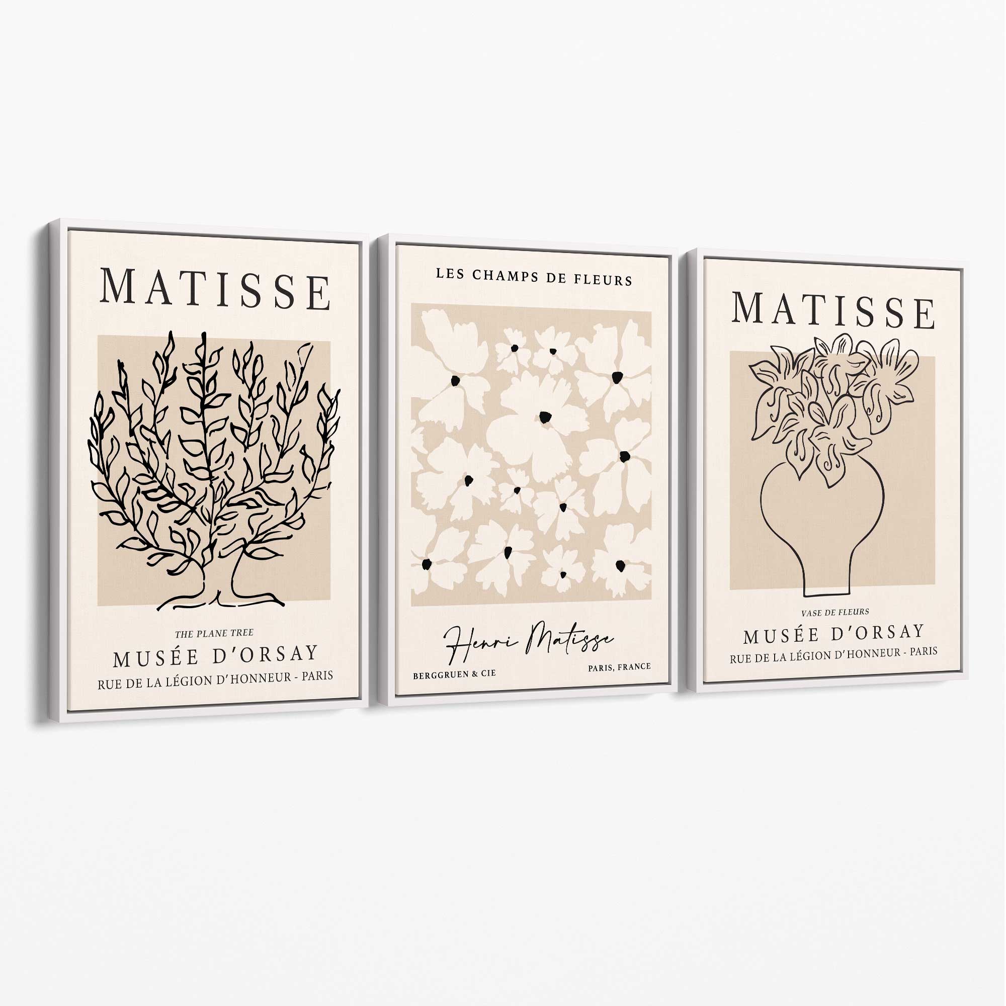 Matisse Floral Line Art Set of 3 Black and Cream Canvas Prints with White Float Frame