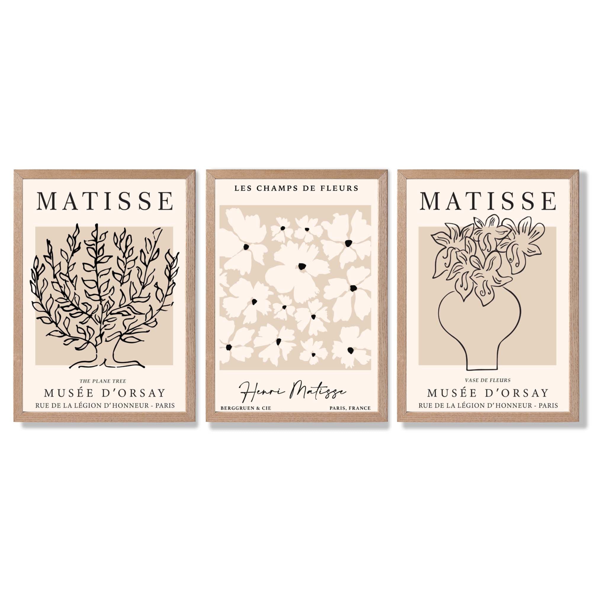 Matisse Floral Line Art Set of 3 Black and Cream Framed Wall Art with Light Oak Frames