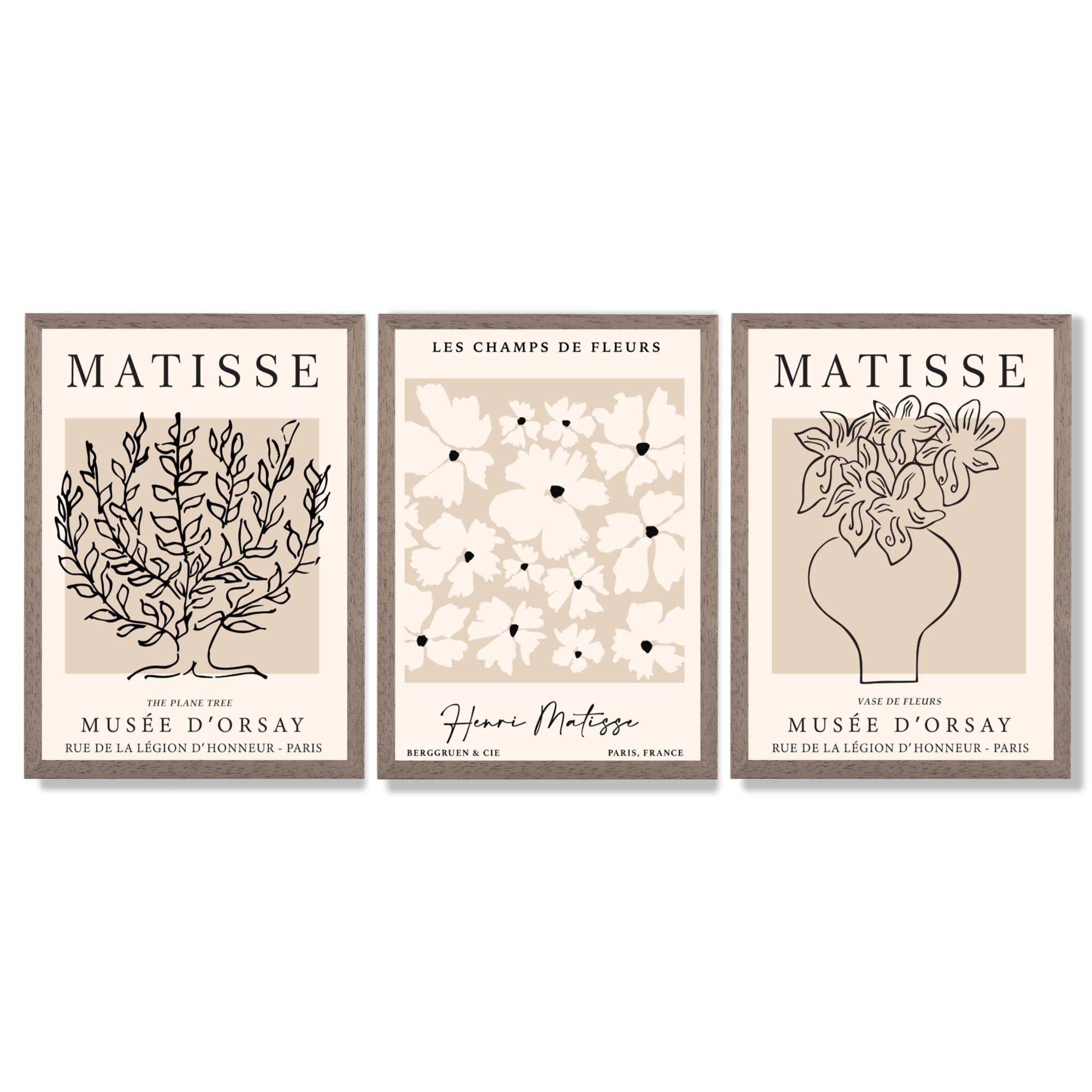 Matisse Floral Line Art Set of 3 Black and Cream Framed Wall Art with Light Walnut Frames