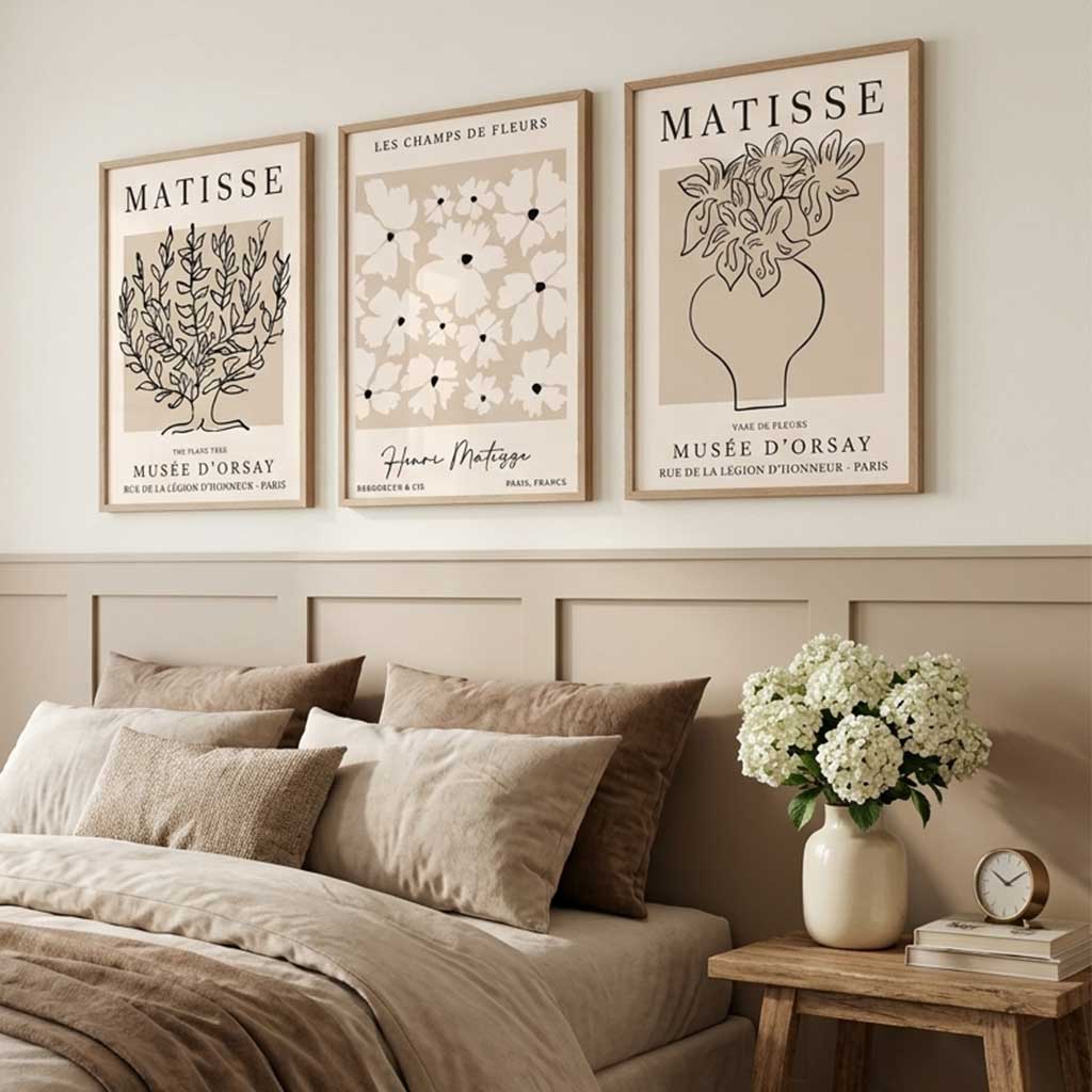 Matisse Floral Line Art Set of 3 Black and Cream Art Prints in White Frames | Artze UK