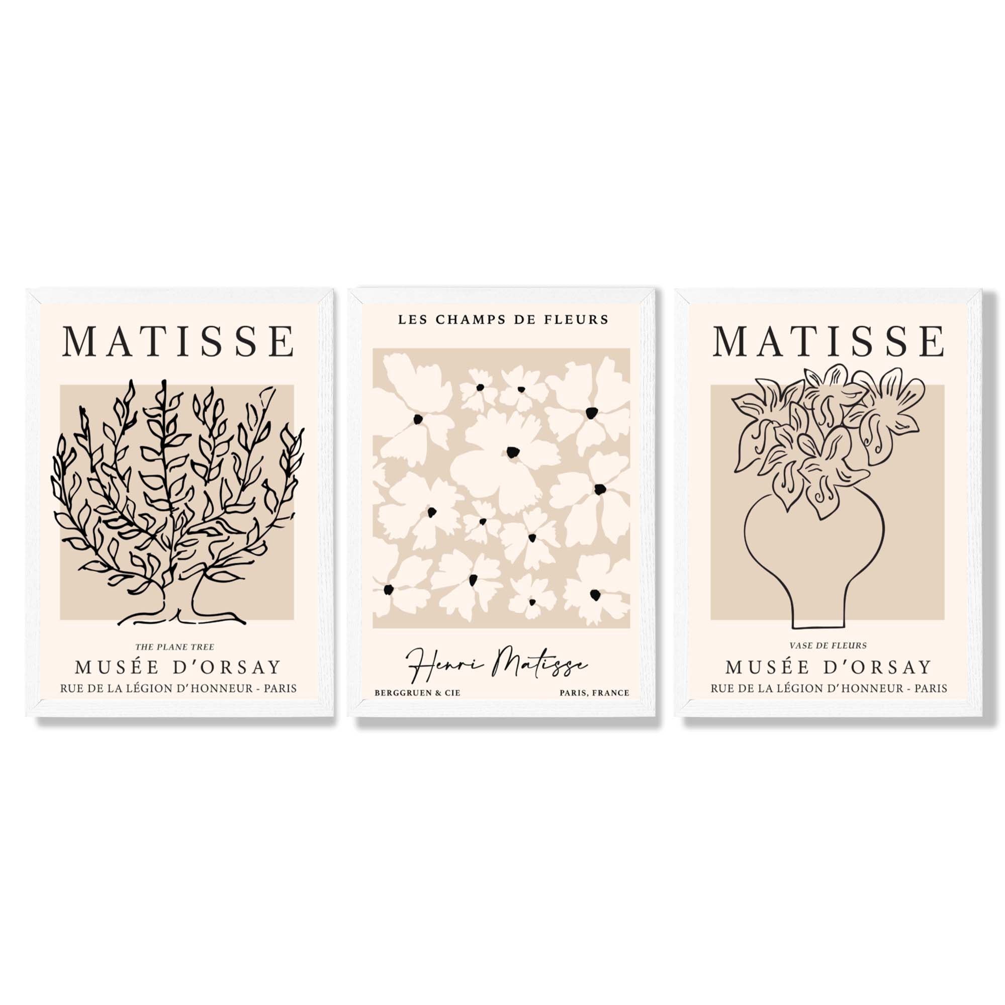 Matisse Floral Line Art Set of 3 Black and Cream Framed Wall Art with White Wooden Frames