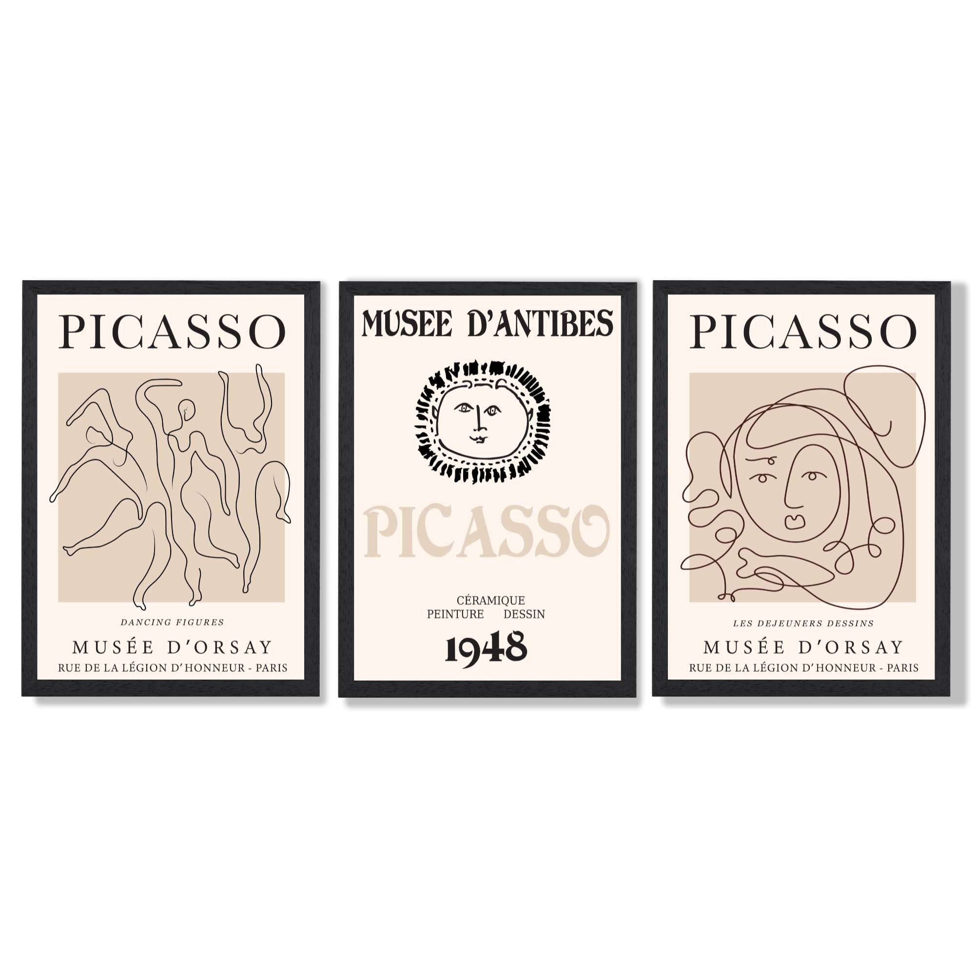 Picasso Line Art Set of 3 Black and Cream Dancers Framed Wall Art with Black Wooden Frames