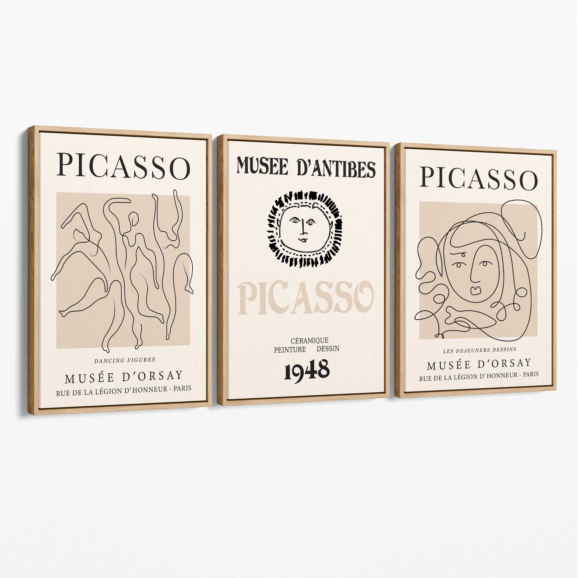 Picasso Line Art Set of 3 Black and Cream Dancers Canvas Prints with Oak Float Frame