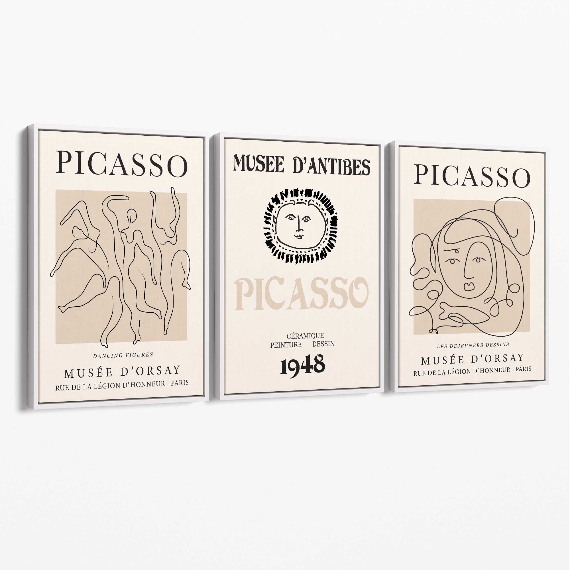 Picasso Line Art Set of 3 Black and Cream Dancers Canvas Prints with White Float Frame