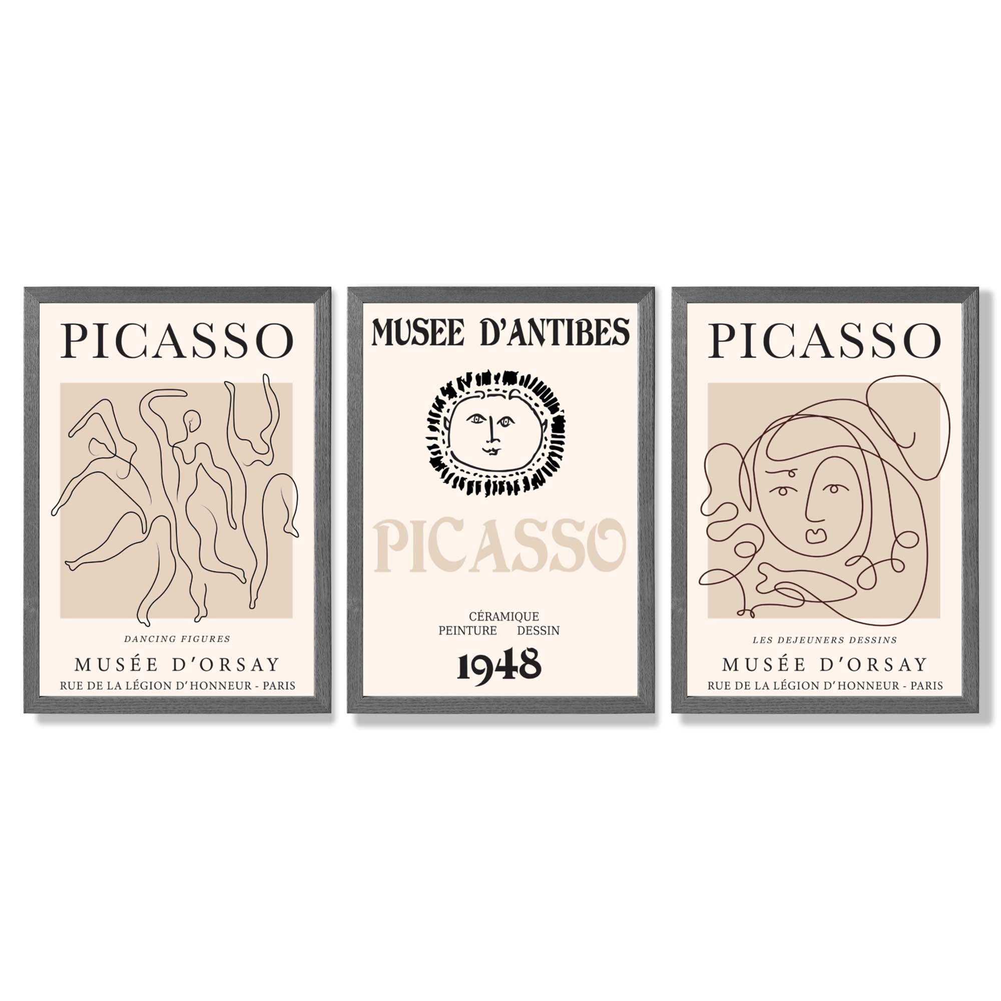 Picasso Line Art Set of 3 Black and Cream Dancers Framed Wall Art with Dark Grey Wooden Frames