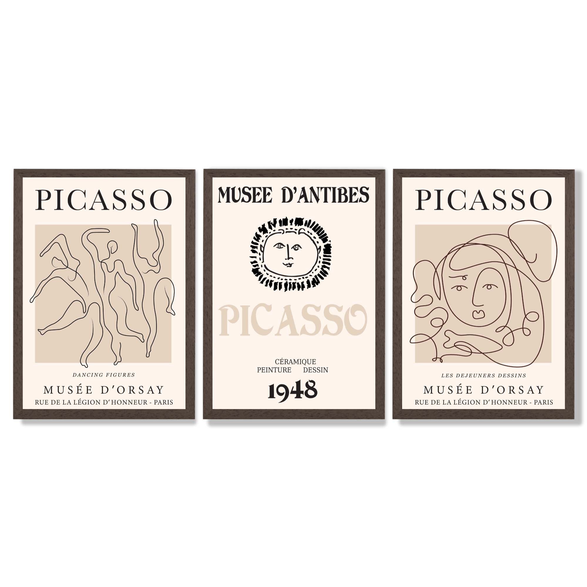 Picasso Line Art Set of 3 Black and Cream Dancers Framed Wall Art with Dark Wood Frames